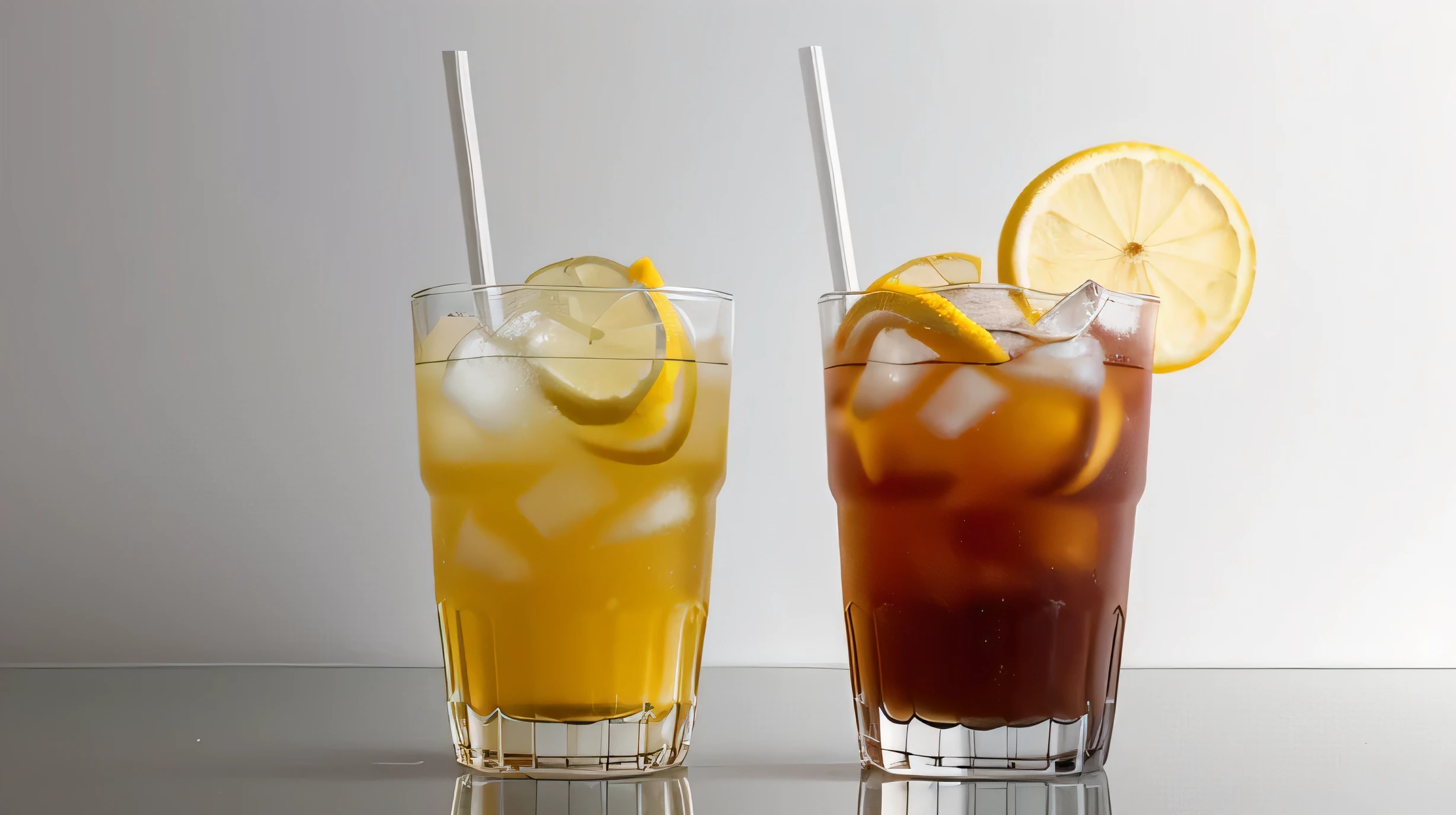 2 drinks,Includes 1 iced Americano/A glass of iced lemon sparkling water, HD. photography,Shot at a 45-degree angle,Simple glass,Glass has no texture,There is white space above and below,Products,publicity,Food photography,Simple gray and white solid color background wall,Background without clutter and decoration
