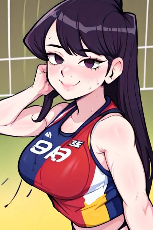 masterpiece, best quality, komi, looking at viewer, large breasts, upper body, portrait, seductive smile,both hands raised, armpits, armpits visible, sweaty armpits, wearing volleyball uniform, 