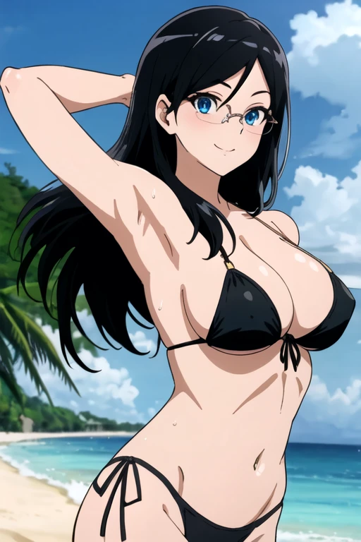 ((best quality)),((highly detailed)),masterpiece,absurdres,detailed face,beautiful face,(detailed eyes, deep eyes),1girl,((dynamic pose)), shimizu kiyoko, black hair, solo, bow, large breasts, cowboy shot, beach, outdoors, seductive smile, looking at viewer, wearing black bikini, put your hands behind your head, armpits, armpits visible, sweaty armpits, wearing glasses