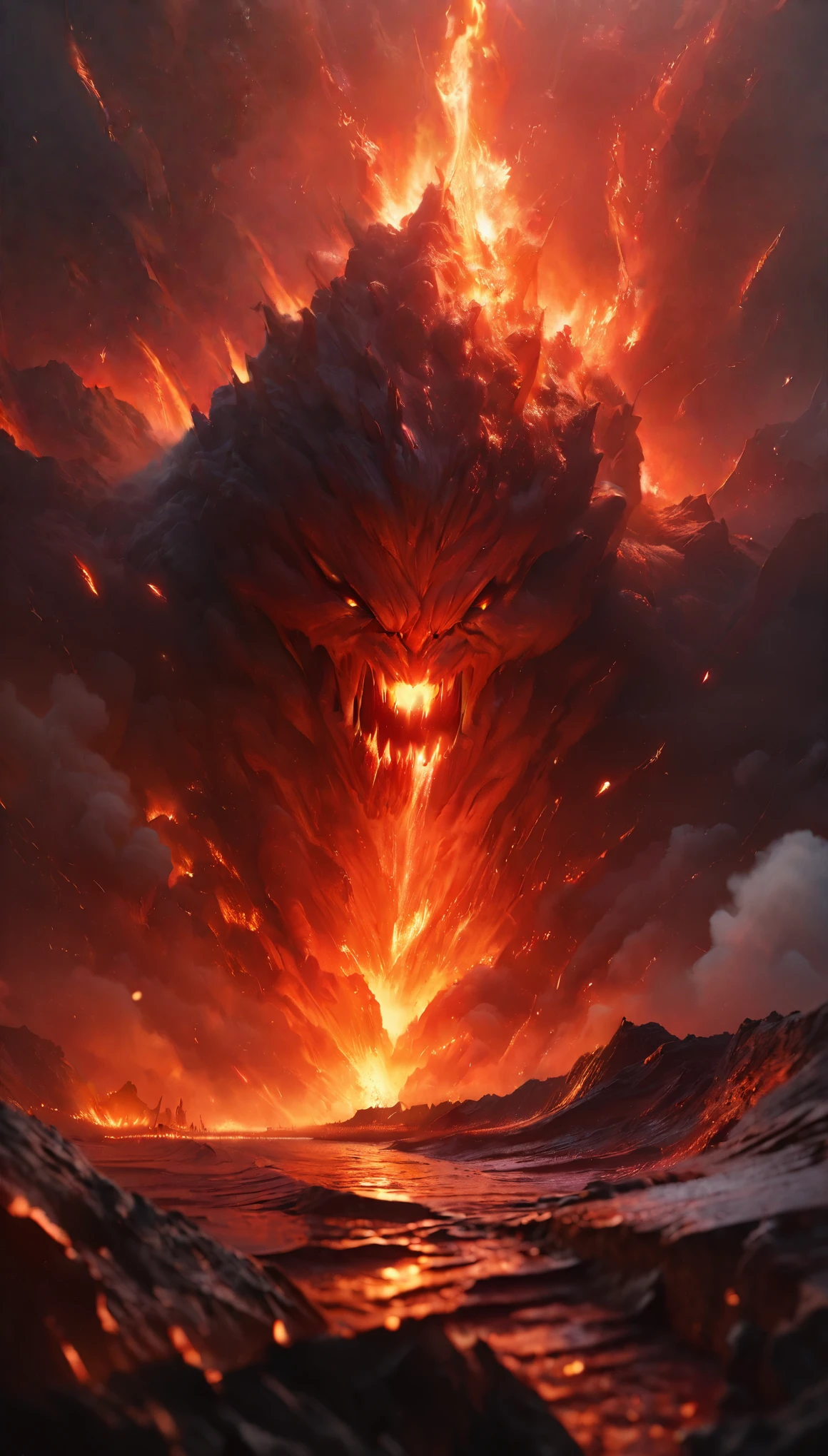 demon struggling in lava,high temperature steam,molten lava erupting,dynamic energy,superrealism,conceptual art,(best quality,4k,8k,highres,masterpiece:1.2),ultra-detailed,(realistic,photorealistic,photo-realistic:1.37),intense red background,detail depiction,dark tones,fiery atmosphere,stunning visual effects,hot glowing embers,ominous presence,blurred boundaries,volcanic eruption effects,otherworldly aesthetic,emotional intensity,fiery inferno,seething energy,molten rock,sublime chaos,violent eruption,elemental power,supernatural struggle,abstract landscape,hellish landscape,emerging demon figure,ethereal beauty,transcendent experience,luminous shadows,ephemeral forms,enigmatic shapes,