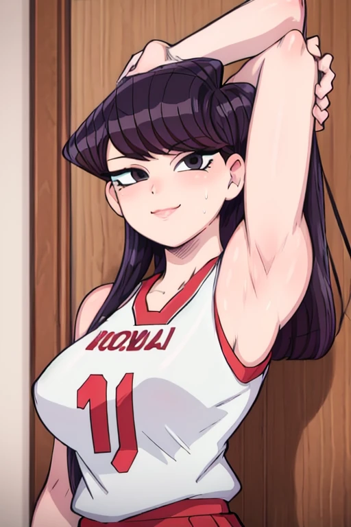 masterpiece, best quality, komi, looking at viewer, large breasts, upper body, portrait, seductive smile,both hands raised, armpits, armpits visible, sweaty armpits, wearing volleyball uniform, 