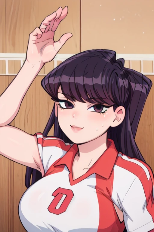 masterpiece, best quality, komi, looking at viewer, large breasts, upper body, portrait, seductive smile,both hands raised, armpits, armpits visible, sweaty armpits, wearing volleyball uniform, 