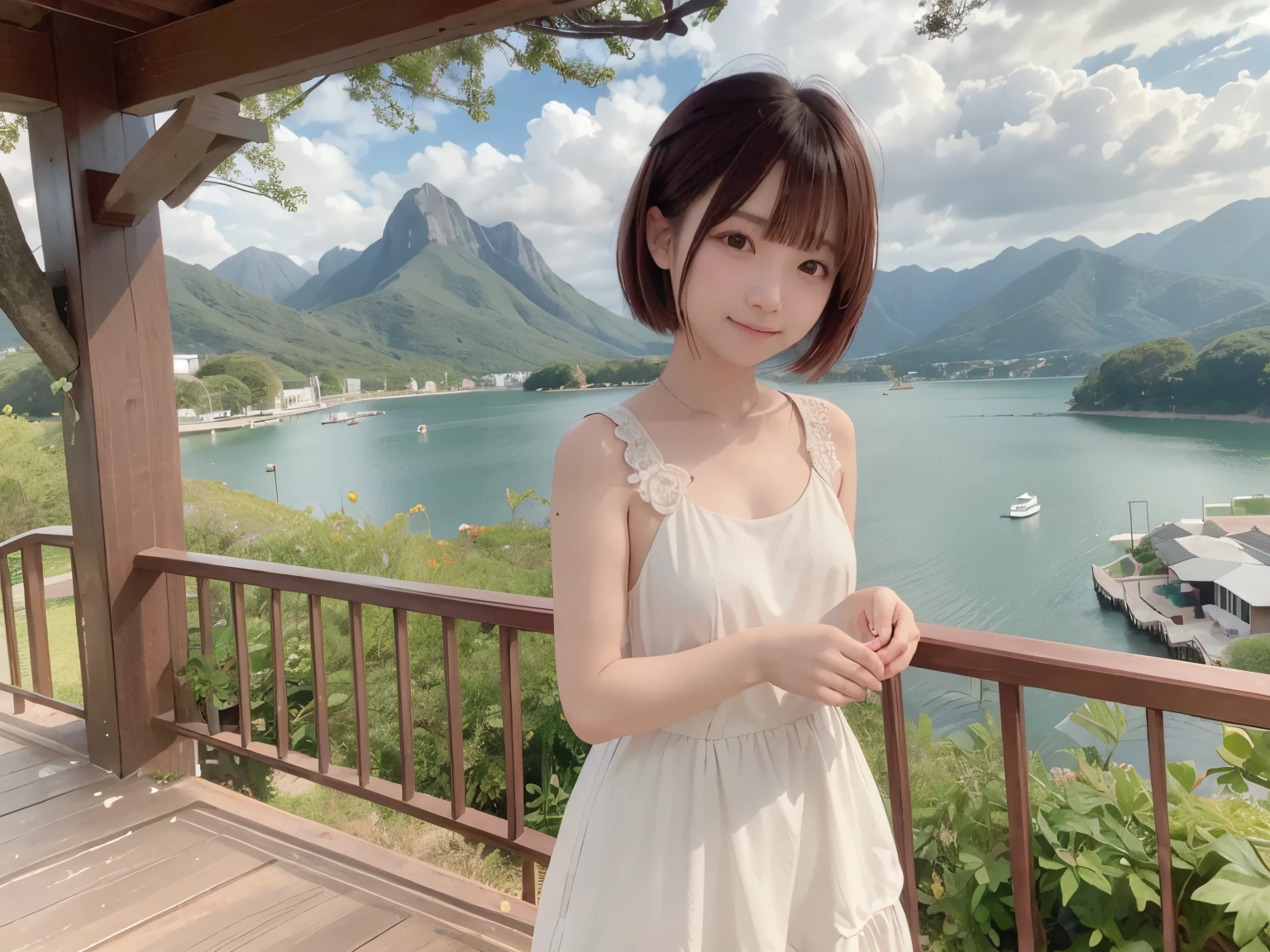 One girl, early summer, 前hair, Beach, green_null, red面, chest, Brown_hair, Closed_mouth, cloud, cloudy_null, clavicle, Day, dress, Field, flower, flower_Field, horizon, lake, leaf, Looking_in_Audience, Mountain, Mountainous_horizon, Ocean, Outdoor, palm_wood, flowerびら, plant, red_flower, short_hair, skirt_all, null, smile, 一人in, Are standing, Day没, wood, Twilight, winer, white_dress, Perfect Eyes