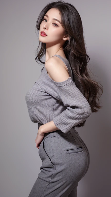 (girl),  face, sweet, ((Grayish purple wavy hair)), 優美なface立ち, (Exquisite gray purple wavy layered long hair, Hair with highlights) Brown eyes, eyelash, Red lips , ((Stand and look straight ahead)) compensate, Portraiture, (Glowing Skin), purity, alone, ((Wear a stylish short-sleeved summer top, Fashionable retro high waist checked pants,)), Put your hands in your pockets , Exquisite hand pose, Your fingers are perfect and perfect, exquisite nose, magazine, Model available, Fashion Trends, cold face, Mouth closed, Half Body, ((Pure Gray Background)), Ultra Clear.