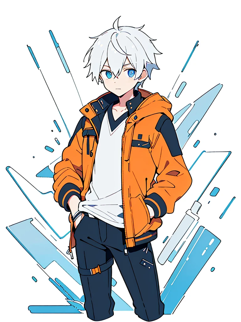 1boy, solo, blue eyes, (detailed eyes), white hair, hair between eyes, (goggles in his head), (waterproof jacket), large jacket, (orange jacket), black shirt, pants, gray pants, standing, (2hands in pockets), (((Closed jacket))), upper body, (white background), Transparent background, looking at viewe, ((masterpiece, illustration, best quality))