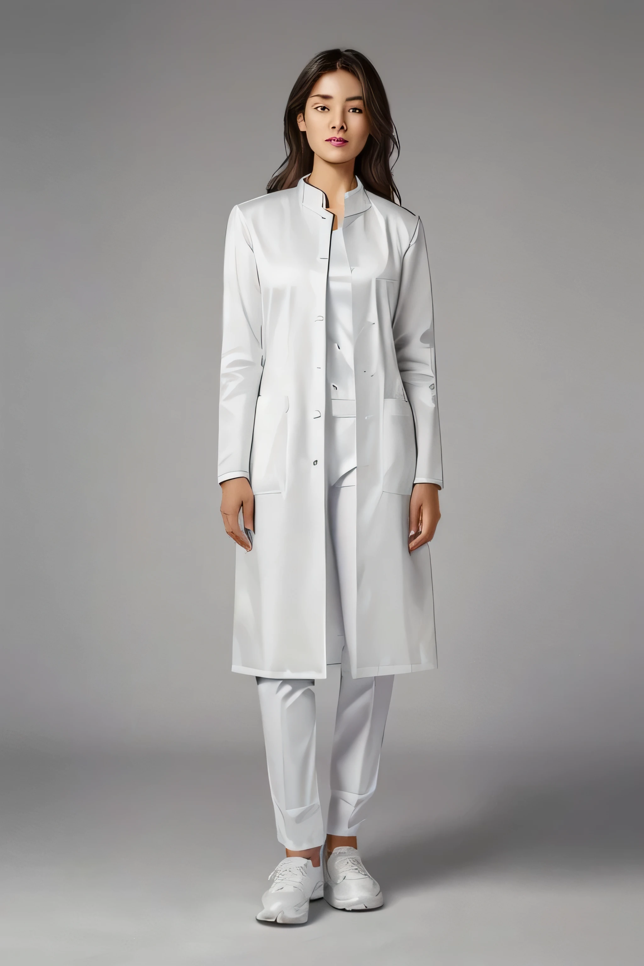 arafed woman in white coat and white pants standing in front of a gray background, lab coat, labcoat, white coat, white lab coat, labcoats, wearing a white lab coat, wearing lab coat, wearing a labcoat, wearing lab coat and a blouse, wearing a lab coat, lab coat and tee shirt, with a lab coat, white uniform