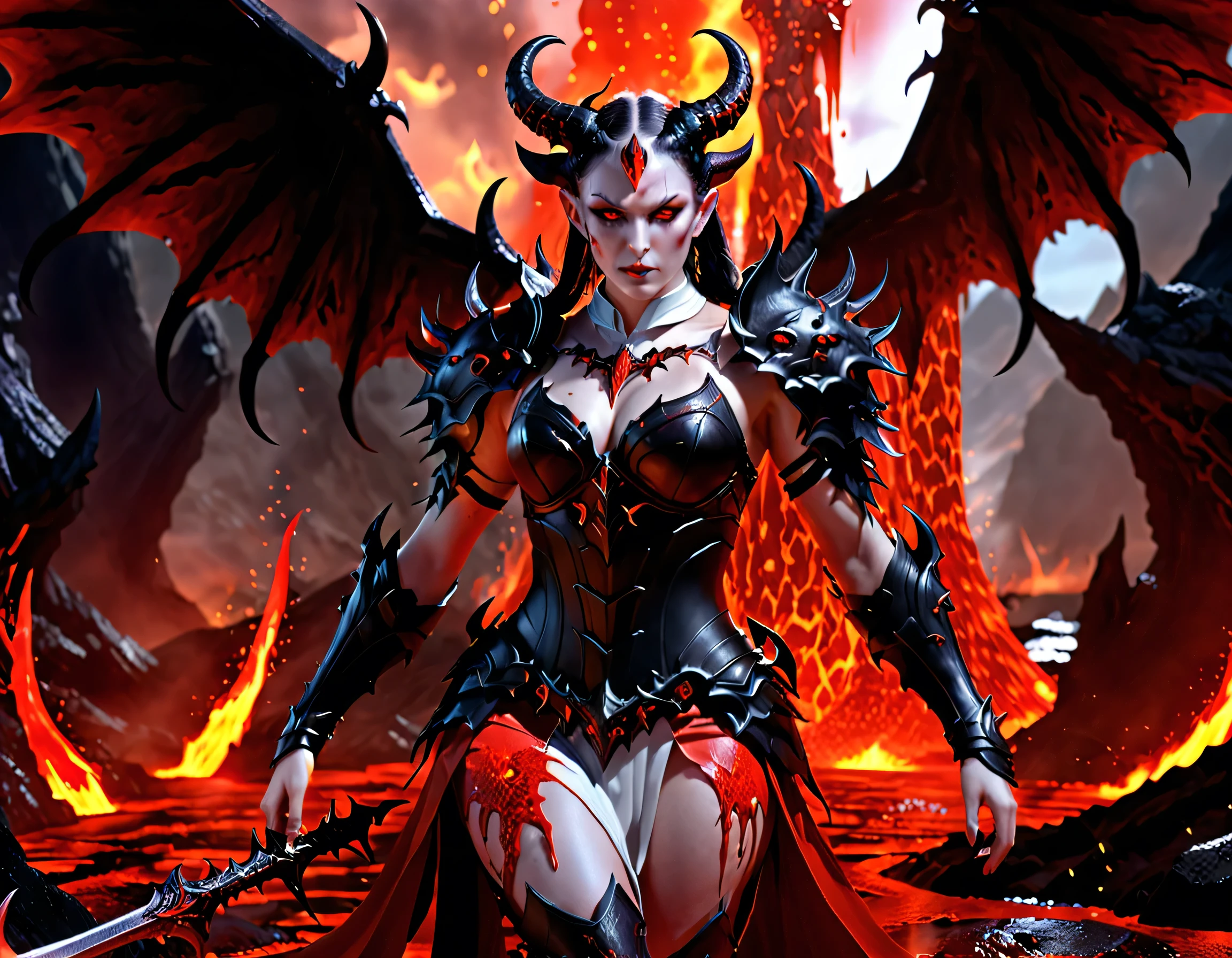 fantasy art, RPG art, masterpiece, a portrait picture o hellish female demon from hell, she has (black horns: 1.2), (black: 1.2) demon wings, (red: 1.3) skin, red lava dripping from her, she wears white armor, hdsrmr, streams of rolling lava, hell in the background, 3d rendering, shadow wings