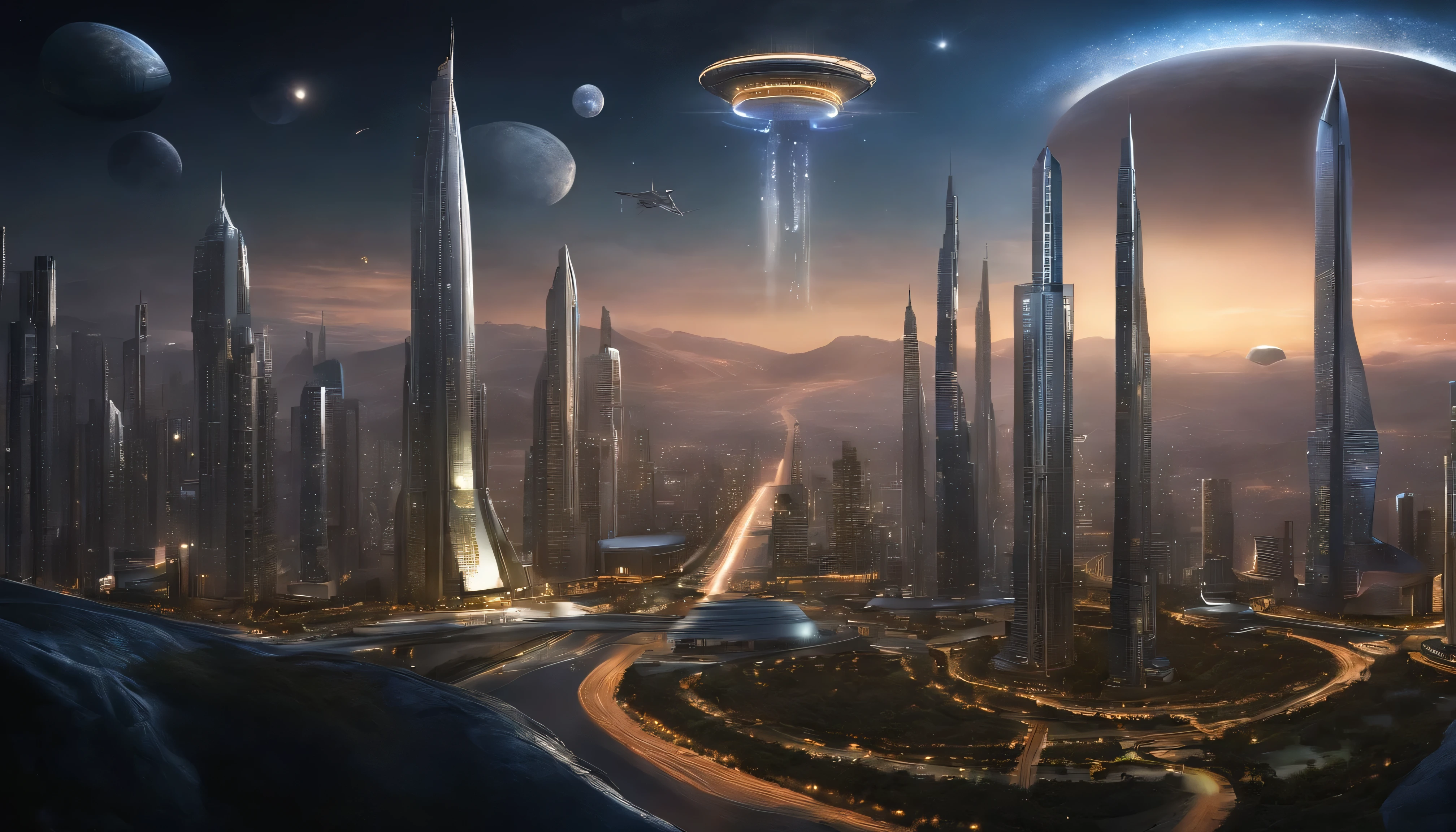 Space City、Future City、alien、Floating in space、cyber punk、A row of skyscrapers、Space Station、highest quality、masterpiece、24century、dream、Utopian、Earth、The world of dreams、Fantasy、𝓡𝓸𝓶𝓪𝓷𝓽𝓲𝓬、Beautiful City