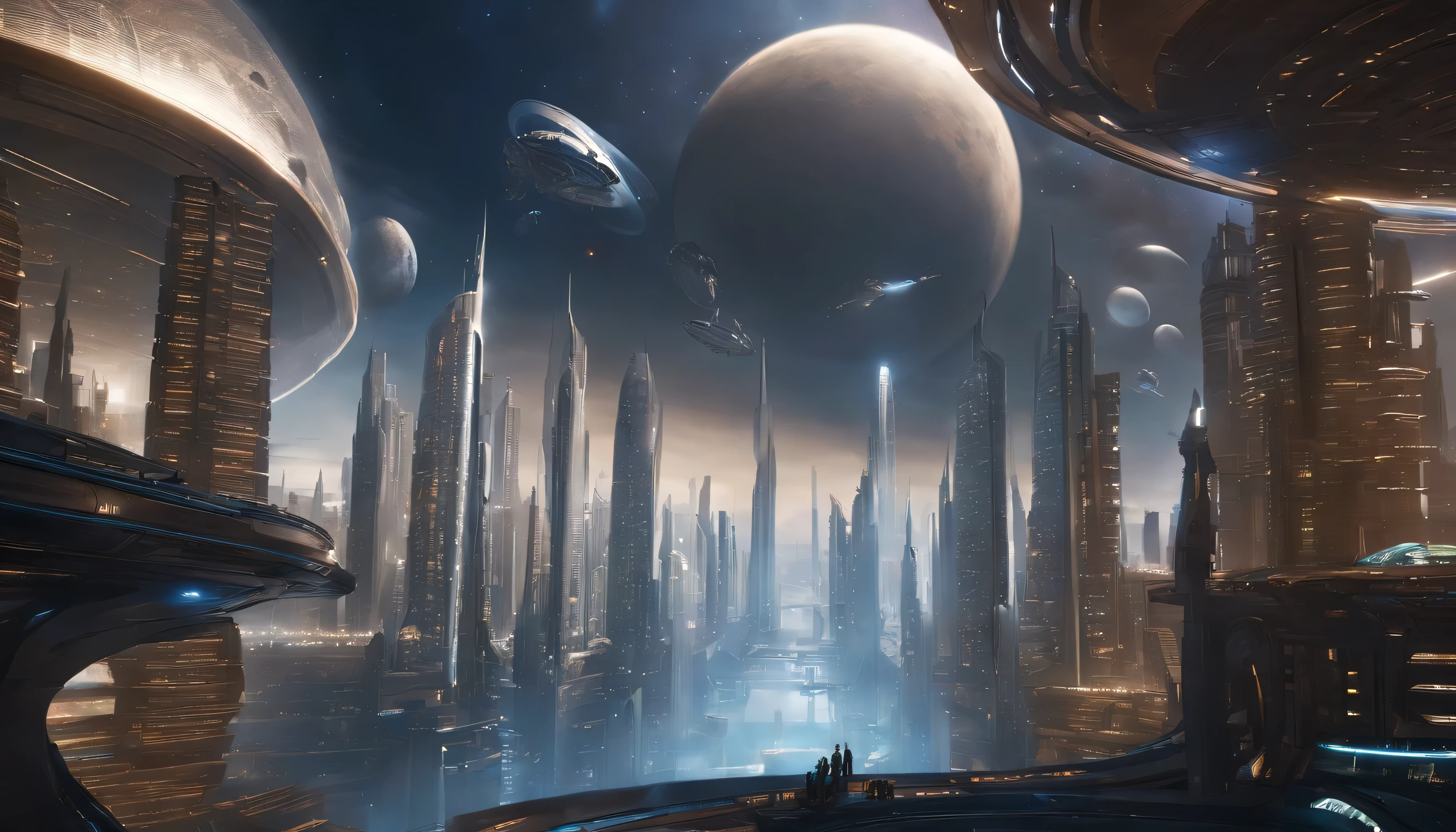 Space City、Future City、alien、Floating in space、Daytime、sunny、cyber punk、A row of skyscrapers、Space Station、highest quality、masterpiece、24century、dream、Utopian、Earth、The world of dreams、Fantasy、𝓡𝓸𝓶𝓪𝓷𝓽𝓲𝓬、Beautiful City