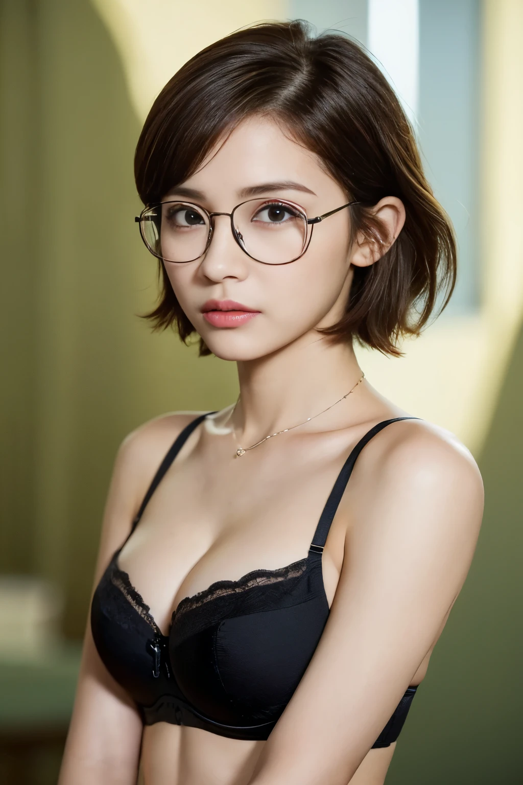 ((top-quality、8K、​masterpiece: 1.erfect Body Beauty: 1.4、Slender Abs: 1.2、Beautiful woman with slender abs:1.3、(Highlight Haircutreast B Cup:1.2), medium breast, round shape breast, perfect shape breast, ((  sexy , polyester push-up bra )), necklace, hyperdetailed face、18year old、 Pretty women、(Dark brown short-cut hair), Slim Face、Highly detailed facial and skin texture、very detailed lips、opens legs、top-quality、​masterpiece、超A high resolution、(Photorealsitic:1.4), walked forward confidently, long shot ,  studio setup, photography steup, light from both side, background, eye glasses