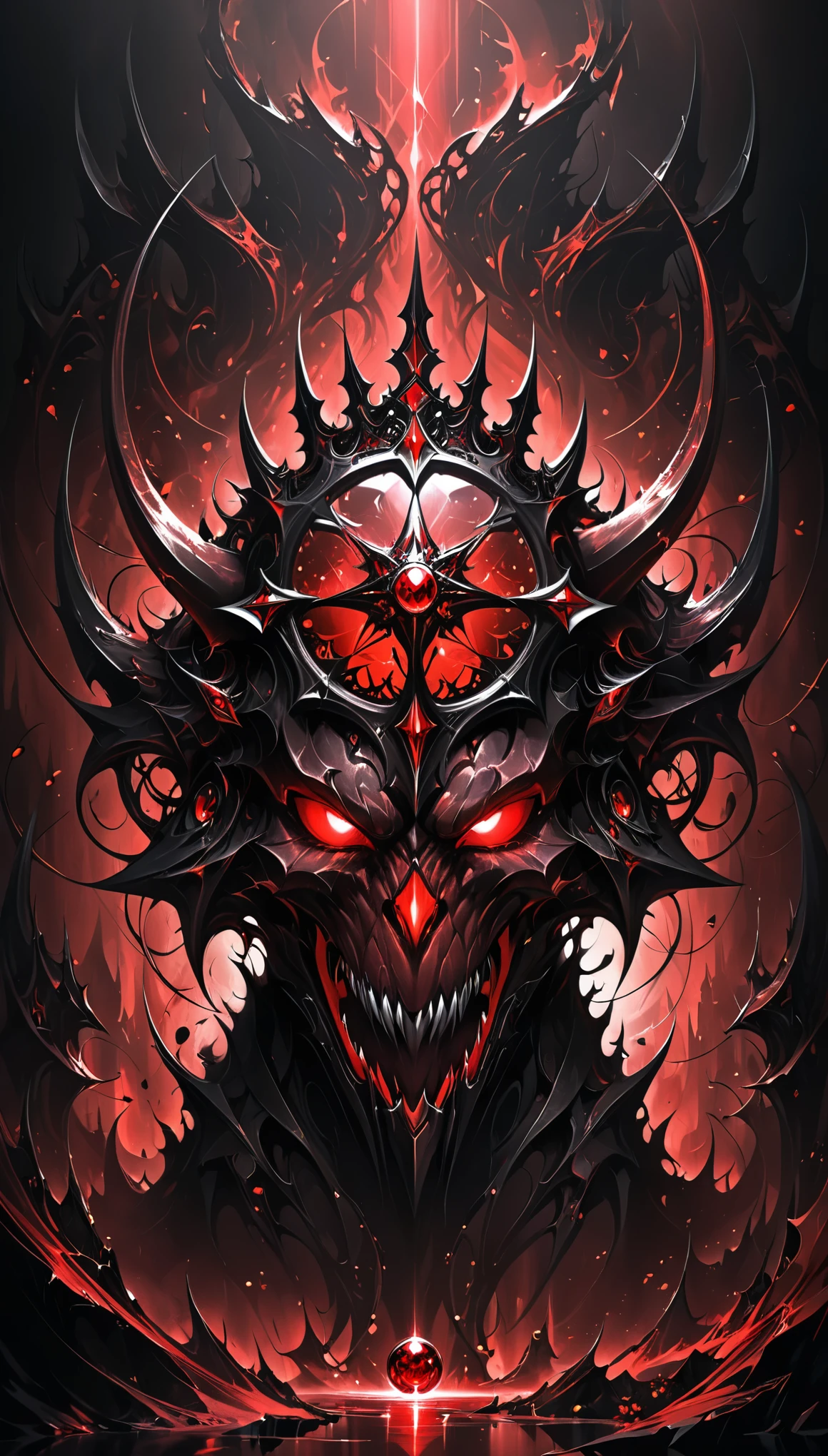 (in style of Aleksi Briclot:1.3),Demon's Crown,(Mysterious Landscape),[suspenseful],Fantasy,Dark,shadowy,atmospheric,dark colors,(A miracle stone showing modern technological patterns),(demon crown:1.3),(the king of dangerous beasts:1.2),(transformed by future technology:1.2),(red dark red color palette:1.2),(fractal art:0.9),
