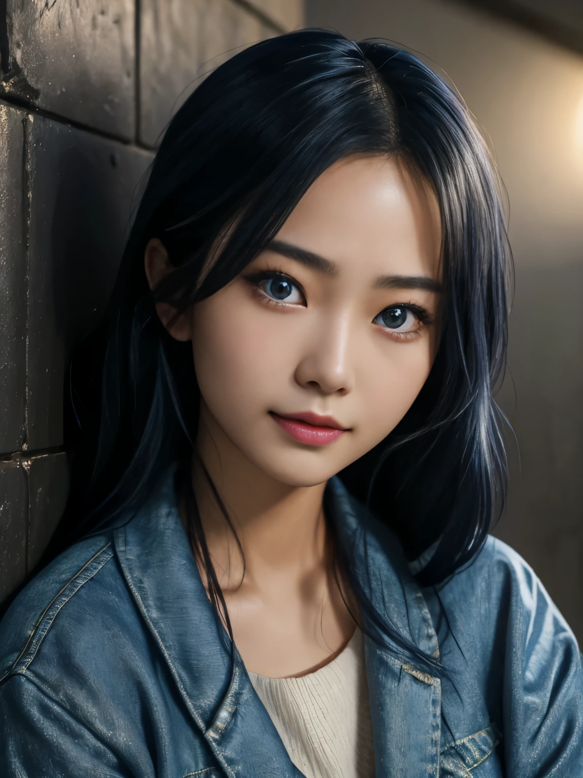 masterpiece,highest quality,Highest Resolution:1.2,Hyperrealistic:1.5,16k raw photos:1.5、Asian woman in a blue jacket leaning against a wall,Face close-up,Side light、Silky, fine hair,Big eyes,Clear amber eyes,Eye highlights、Shiny fair skin、smile、