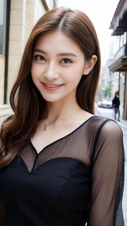 ((highest quality、8k、masterpiece:1.3))、One Girl、Laughter、Whole Body Ezbian、Slim face、Beautiful woman、(Light brown hair)、Black full-length tight dress、Ultra detailed face、Detailed eyes、double eyelid、Blurred Background、Slim face、city、Take-out、Street、Model Body Type、Heart-shaped see-through around the chest of the dress、Small breasts Small breasts、Black see-through with heart shape around the chest
