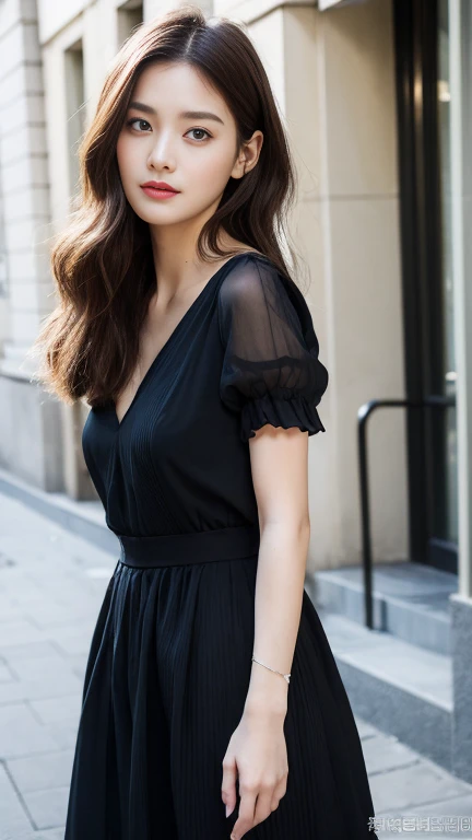 ((highest quality、8k、masterpiece:1.3))、One Girl、Laughter、Whole Body Ezbian、Slim face、Beautiful woman、(Light brown hair)、Black full-length tight dress、Ultra detailed face、Detailed eyes、double eyelid、Blurred Background、Slim face、city、Take-out、Street、Model Body Type、Heart-shaped see-through around the chest of the dress、Small breasts Small breasts、Black see-through with heart shape around the chest