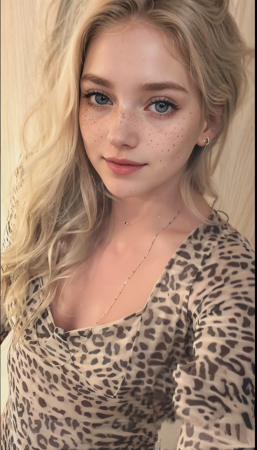 mulher, americana, 25 anos, pale skin and freckles, olhos cinzas, nariz delicado, soft and delicate lips, longo, cabelo blondie longo e ondulado na altura da cintura, sorriso meigo, face with delicate feminine facial features, altamente renderizado