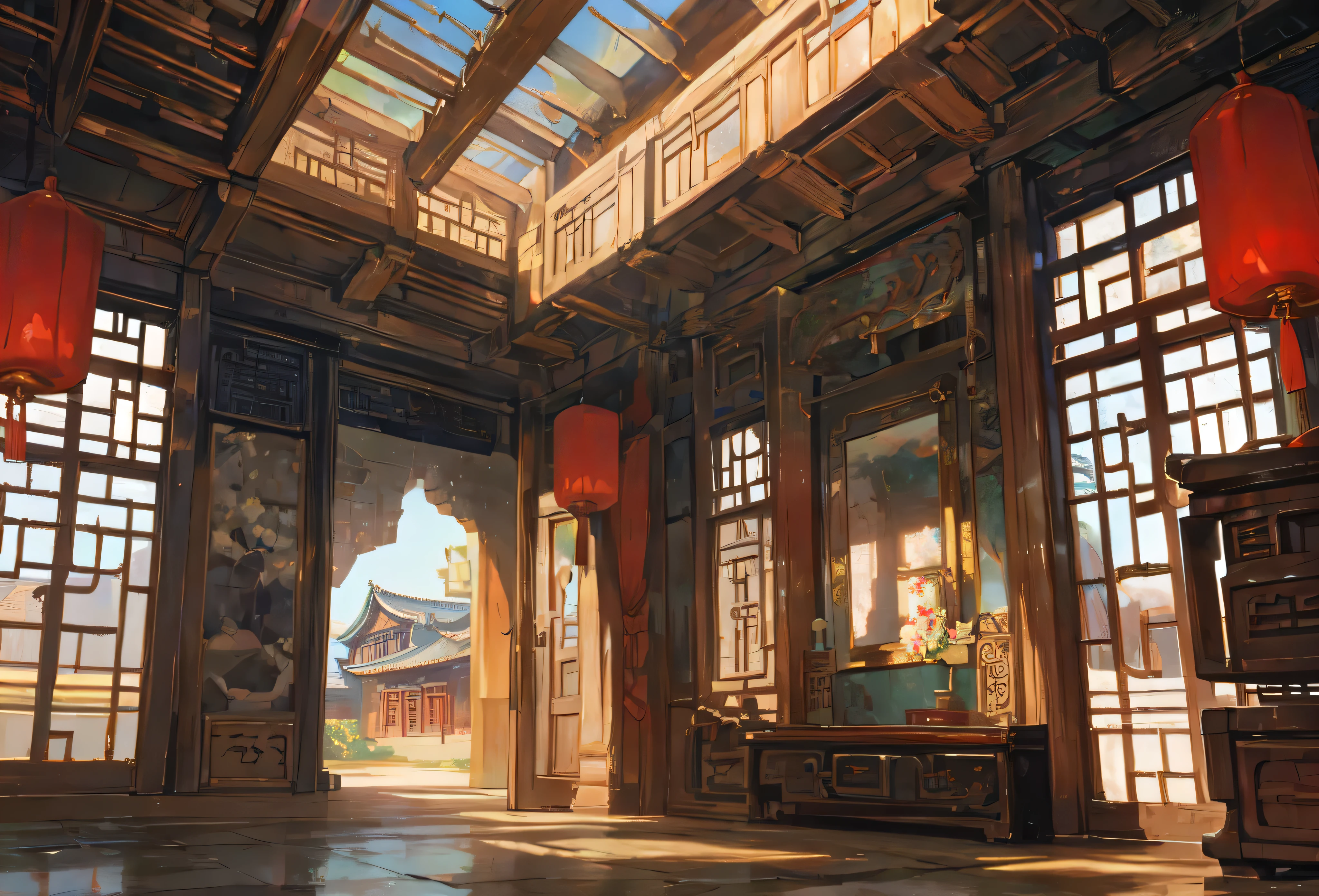 inside Old ancient chinese mansion, ancient traditional mansion, mansion, bight colors, stunning mansion, detailed chinese mansion, indoors, blue sky, daytime, scene, scenery, background, rich ancient chinese mansion indoors, luxury