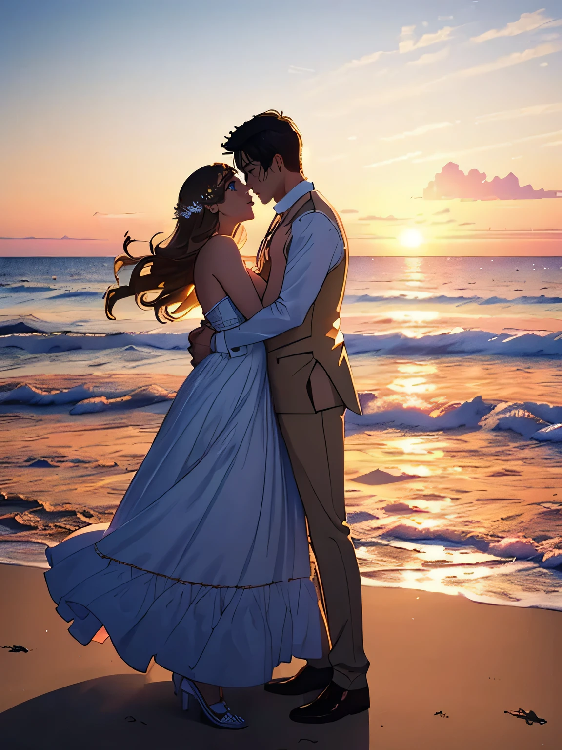 A couple in a romantic sunset,holding hands,dressed in elegant attire,standing on a picturesque beach,gentle wind blowing their hair,intense eye contact,smiling passionately,emotional connection,sparkling ocean in the background,soft golden light,romantic atmosphere,affectionate hug,long dresses,seaside breeze,warm sunset colors,(best quality,4k,8k,highres,masterpiece:1.2),ultra-detailed,realistic:1.37,golden hour lighting,vibrant colors,love,relationship,beach wedding,romantic getaway,lovebirds,dreamy scene,silhouettes against the horizon,love in the air,whispering sweet nothings,unforgettable moment