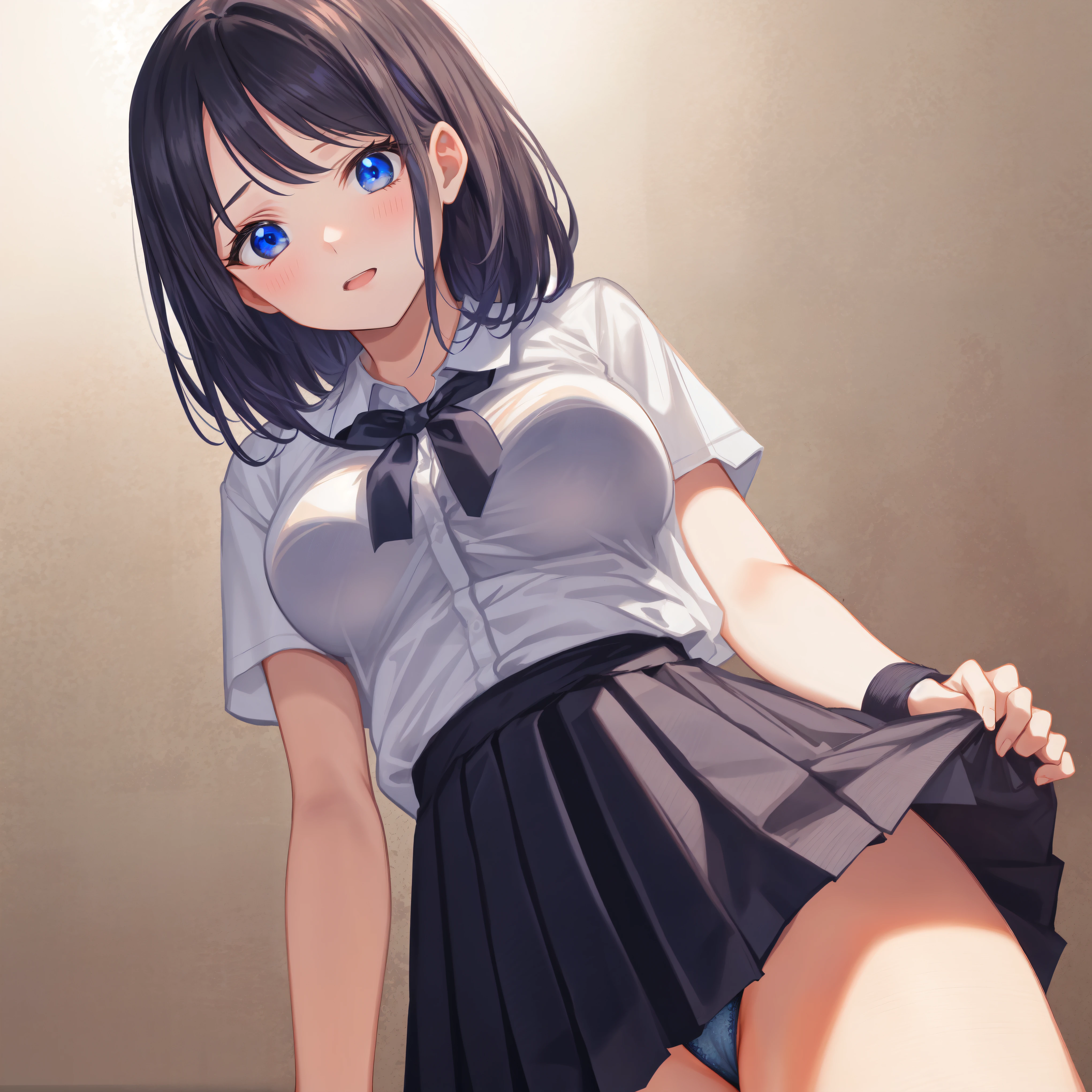 From Below,classroom,Black pleated skirt,highest quality,From Below,high quality panties,{{beautiful large breasts 1:4}},pretty girl,brush,High-quality backgrounds,Slanted Eyes,Detailed shirt chest wrinkles,BREAK,{{beautiful blue eye1:4}},BREAK,Five fingers