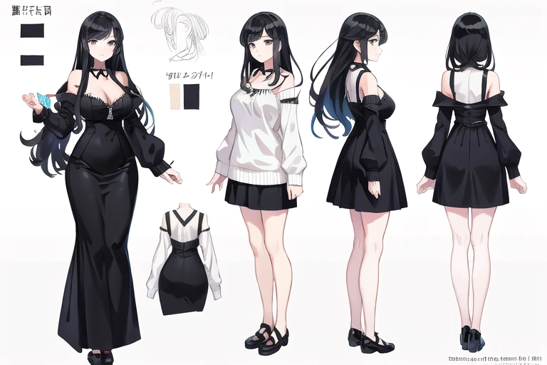 Character Sheet,[Sprite Sheet,Long black hair, Dress casually,sweater,Long skirt,Adult women,tall, Large breasts, (masterpiece)Ultra-detailed, (White Background),Multiple Views