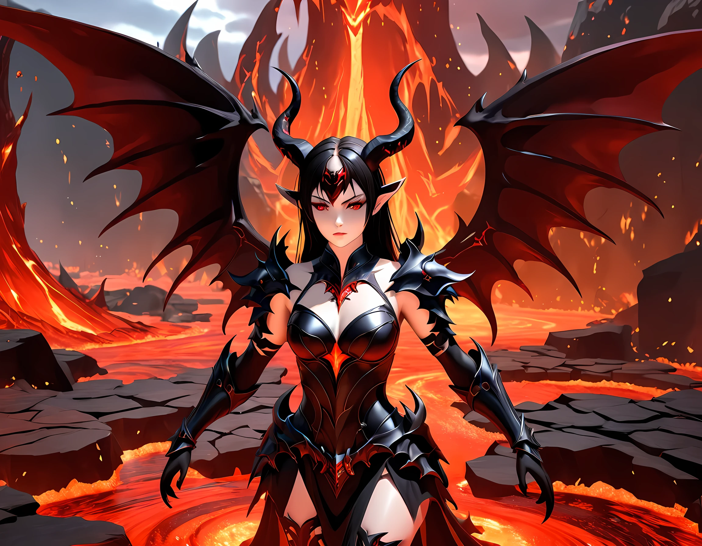 fantasy art, RPG art, masterpiece, a portrait picture o hellish female demon from hell, she has (black horns: 1.2), (black: 1.2) demon wings, (red: 1.3) skin, red lava dripping from her, she wears white armor, hdsrmr, streams of rolling lava, hell in the background, 3d rendering, shadow wings