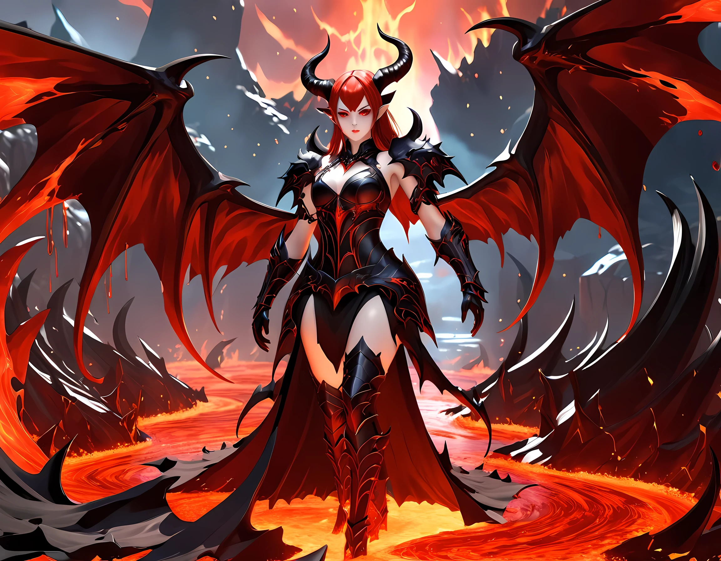 fantasy art, RPG art, masterpiece, a portrait picture o hellish female demon from hell, she has (black horns: 1.2), (black: 1.2) demon wings, (red: 1.3) skin, red lava dripping from her, she wears white armor, hdsrmr, streams of rolling lava, hell in the background, 3d rendering, shadow wings