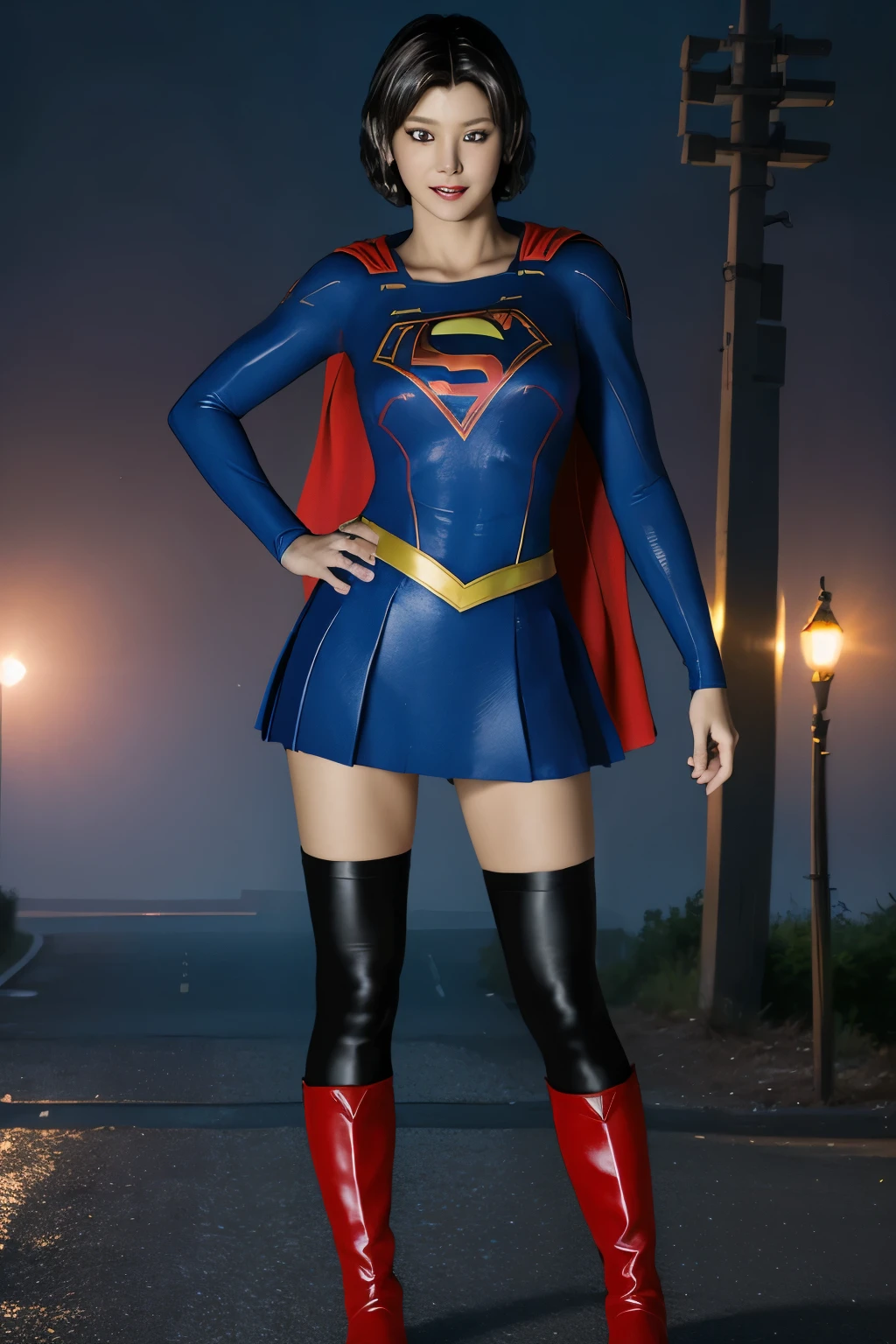 No background、(((Beautiful legs in black tights.)))、(((Legally express the beauty of your smile)))、((((Make the most of your original images)))、(((Supergirl Costume)))、(((Beautiful short bob hair)))、(((suffering)))、(((Please wear black tights....、Wear red boots)))、((Best image quality、8k))、((highest quality、8k、masterpiece:1.3))、(((Preserve background )))、Sharp focus:1.2、Beautiful woman with perfect figure:1.4、Slim Abs:1.2、Wet body:1.5、Highly detailed face and skin texture、8k