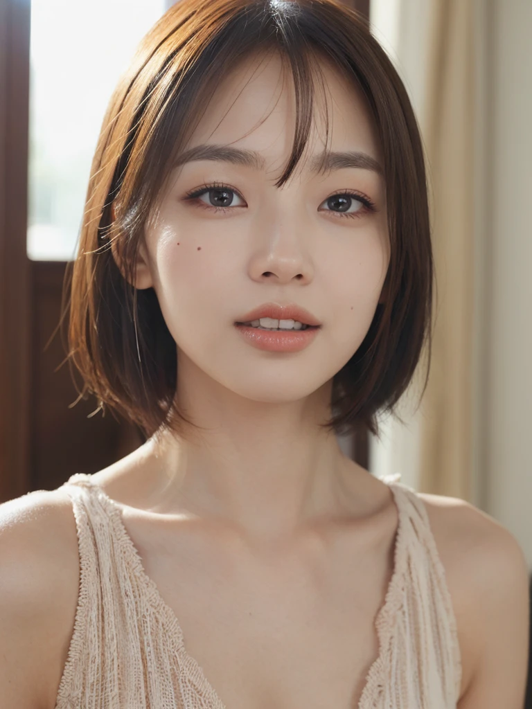 ((top quality, 8k, masterpiece: 1.3)), Sharp Focus: 1.2, Beautiful woman in perfect style, wearing a swimsuit sitting in bed: 1.4, perfect eyes, perfect iris, perfect lips, perfect teeth, perfect skin, no moles, water droplets on face, slender abs: 1.2, ((dark brown hair, big: 1.2)), (natural light, balcony: 1.1), highly detailed face and skin texture, detailed eyes, double eyelids,Upper body close-up、