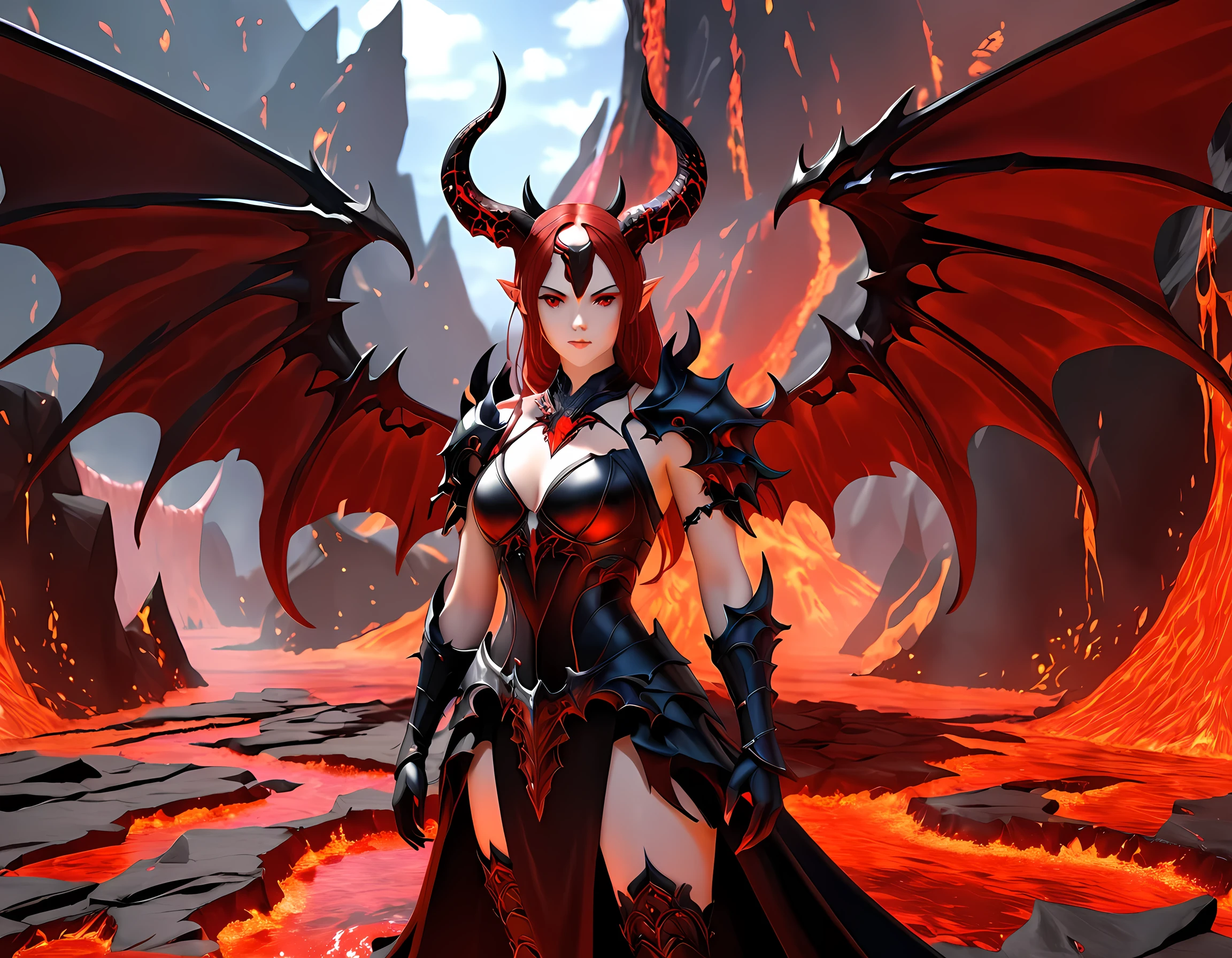 fantasy art, RPG art, masterpiece, a portrait picture o hellish female demon from hell, she has (black horns: 1.2), (black: 1.2) demon wings, (red: 1.3) skin, red lava dripping from her, she wears white armor, hdsrmr, streams of rolling lava, hell in the background, 3d rendering, shadow wings