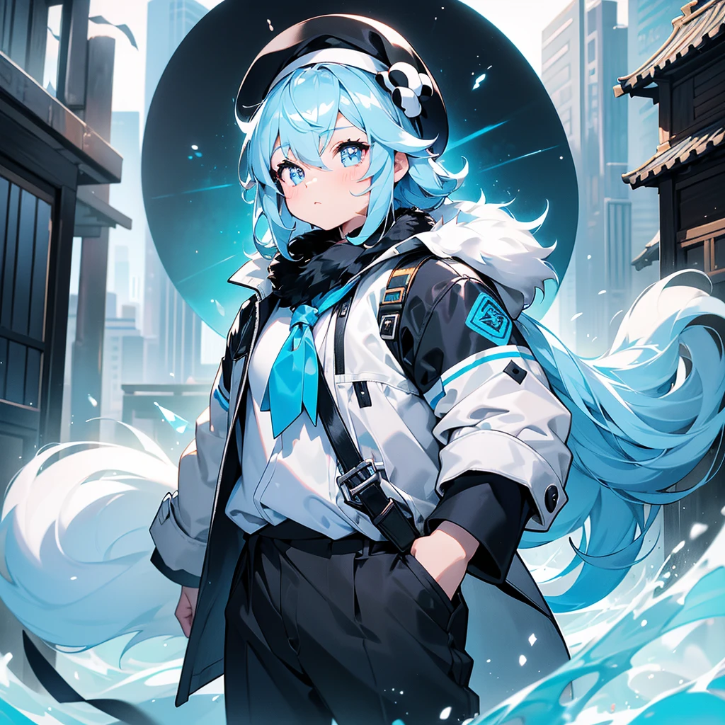 (masterpiece),(Very detailed),(best quality),hairy,Giant Panda,fur,(blush:1.1),peaceful,((Gentle expression)),Temple Background,8k,(high quality),(Ultra HD),(Ultra Detailed),male,Age 18 years,Slightly plump figure,Cute and handsome,Very kind face。Round and cute cheeks。The left eye pupil is dark green,The pupil of the right eye is light blue。Black and white fur。Sagging eyes。The hair on the left arm and left hand is pure white fur,The right arm and right hand are black fur。Wearing a white shirt with a navy blue collar,With a white coat,The upper part of the coat has some light blue ink gradient,Wearing grey trousers,Wearing blue and white sneakers。Wear a beret on the head。