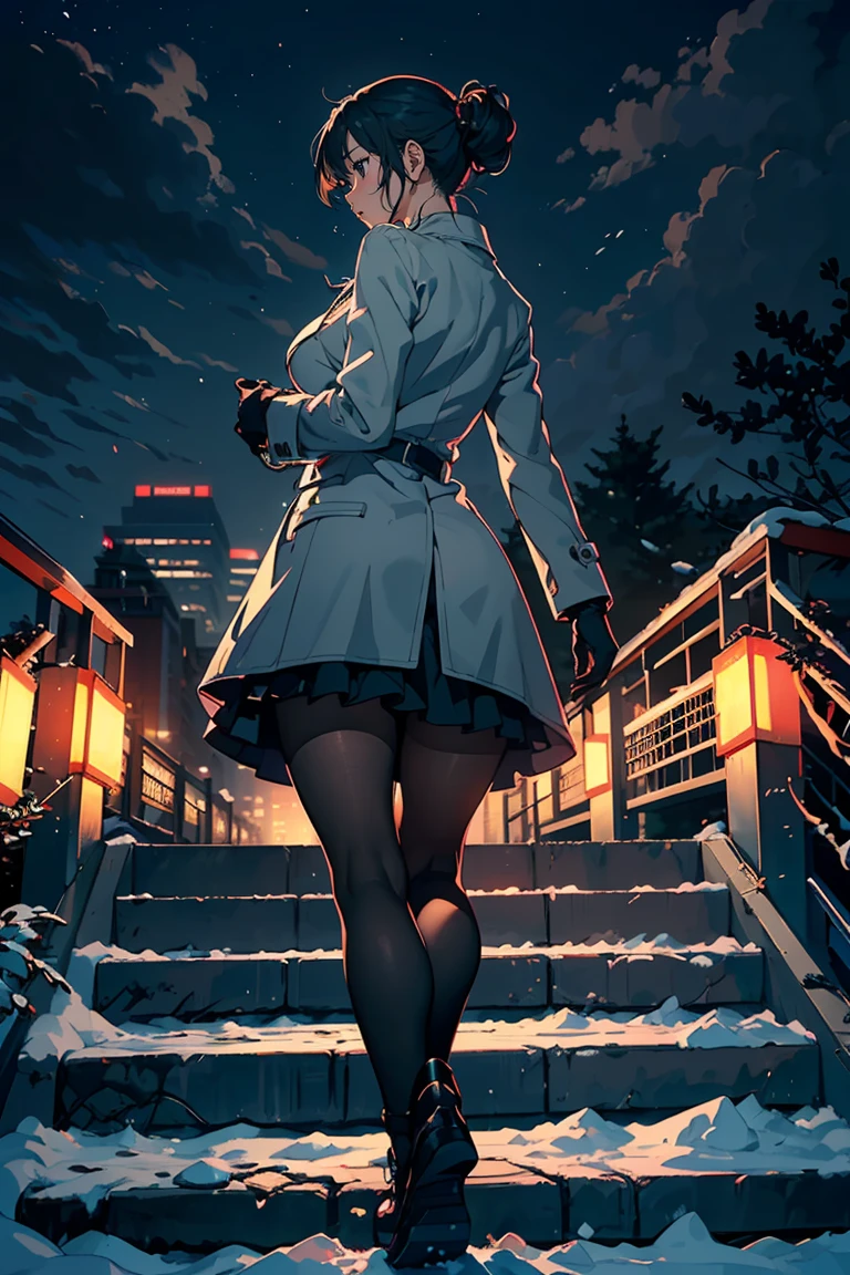 ((​masterpiece)), ((top-quality)), (hight resolution:1.4), (extremely detailed CG unified 8k wallpaper),Movie Light Effects,(Near and far law),Ray Tracing, Beautiful lighting,(beautiful night scene:1.4),(projected inset),Midnight,midwinter,(cloudy ash sky:1.2),((In the midst of falling snow)),(from behind),((Snowflake),snow blowing,((Wear a long coat)),(Stand on detailed footbridge stairs:1.4),(Loud shouting gesture:1.4),((Put your hands on your chest)),Black pantyhose,f/2.8,35mm,((Detailed distant cityscape)),Residential area,condominium,apartament,looking at the city,serene ambiance.Pixie Cut,Hair in the ears,Profile of the character,1 cute high school girl,(large full breasts:1.2),Cute Uniform,Grey long skirt slit,sleeveless,Photorealsitic,Background Focus,Panoramic shooting,muffler,gloves