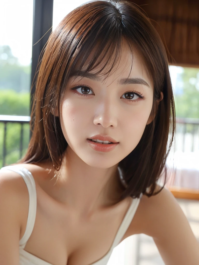 ((top quality, 8k, masterpiece: 1.3)), Sharp Focus: 1.2, Beautiful woman in perfect style, wearing a swimsuit sitting in bed: 1.4, perfect eyes, perfect iris, perfect lips, perfect teeth, perfect skin, no moles, water droplets on face, slender abs: 1.2, ((dark brown hair, big: 1.2)), (natural light, balcony: 1.1), highly detailed face and skin texture, detailed eyes, double eyelids,Upper body close-up、