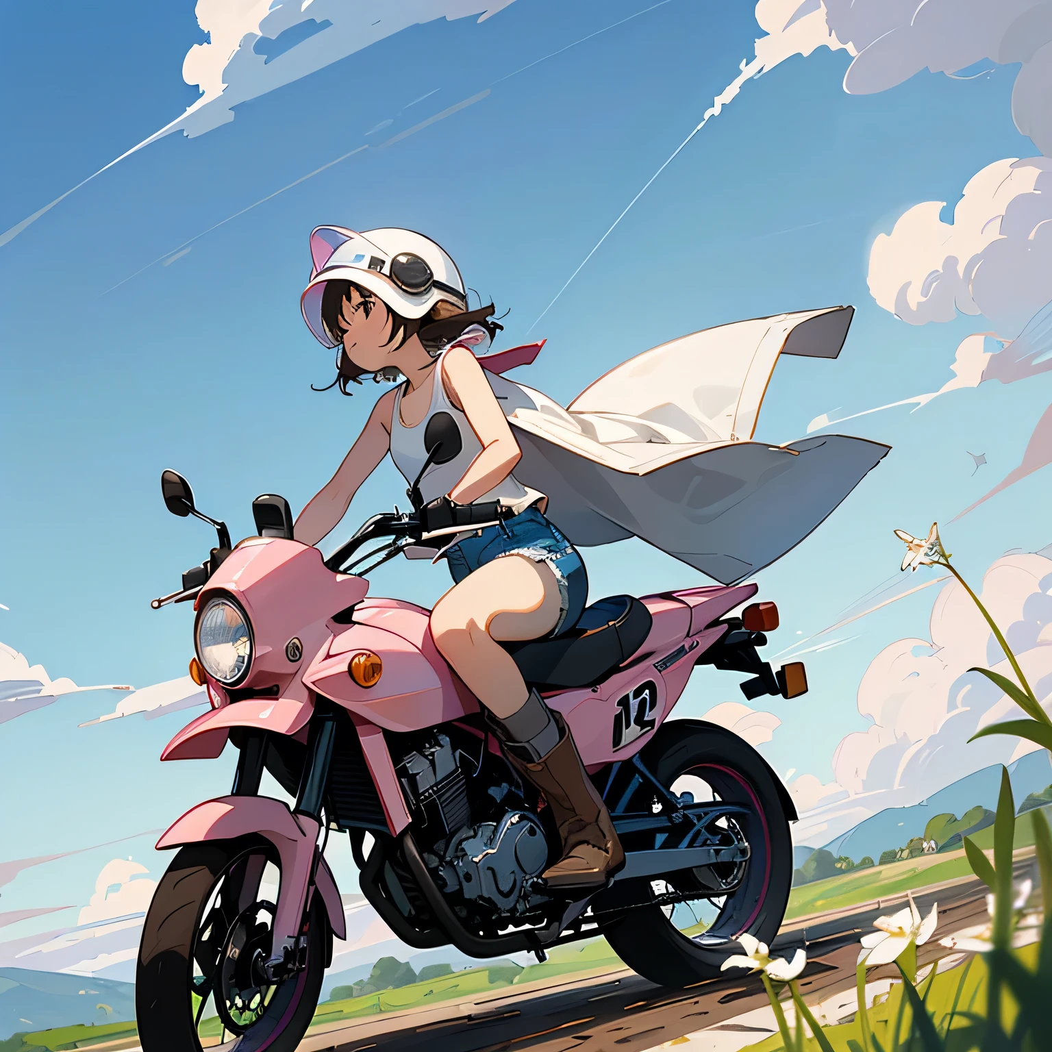 Highest quality、A girl is riding a white Super Cub、Dark brown short cut、(He is wearing a jet helmet with white and black lines running down the center of the helmet from front to back.、White tank top、Pink jacket、Denim shorts、White knee-high socks、Brown work boots:1.3)、Japanese countryside scenery、Road beside the stream、Small creek、Dirt Road、Weeds grow along the side of the road、Blue sky、White clouds floating、Early summer sky、