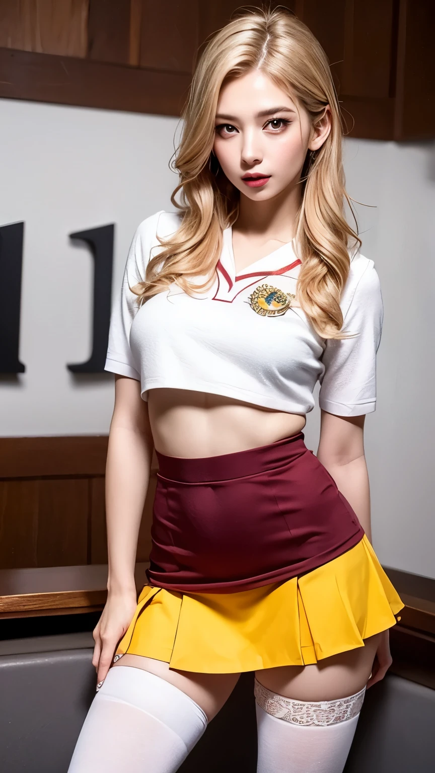 (highest quality,4K,masterpiece:1.2),Beautiful woman,1 girl,sexy:1.1,Dark yellow hair:1.1,Woman inside ,Soaked uniform,Highly detailed face,Lip details,Beautiful Eyes,double eyelid,Miniskirt White Stockings,stand up