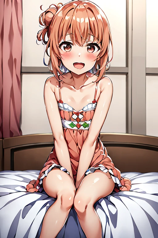 ((highest quality)), ((masterpiece)), (be familiar with), Perfect Face, indoor, Bedroom, Watching the audience,
One woman, Yuigahama Yui,
Open Mouth, Ecstatic expression, blush, smile,
Small breasts, Flat Chest, Young Girl, , , Girl,
Short Hair, Salmon-colored hair, Salmon-colored eyes, Side Pony,
Leg spread,