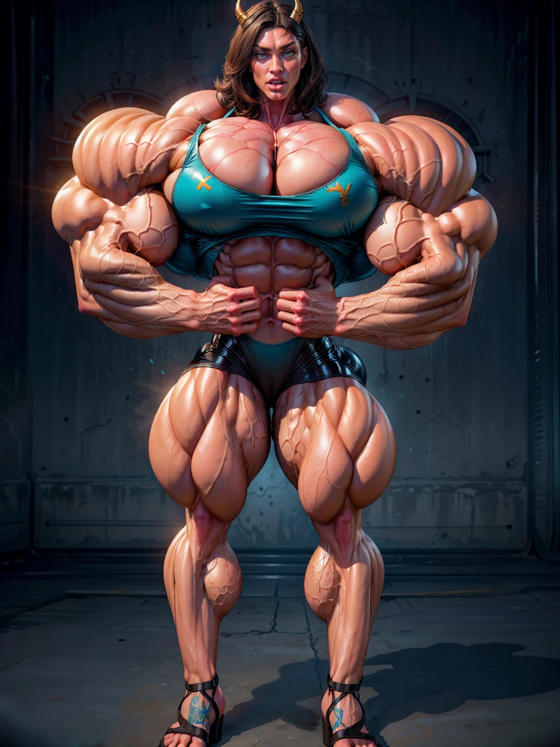 (megan fox:1.25), a naked muscular demon girl with horns dressed in latex leotard posing for a photo, (huge muscular arms:1.25), (huge veiny breasts:1.25), (extreme muscular definition:1.25), (perfect hands:1.25), (wide upper body:1.25), (full body pose:1.25), (skinny long legs:1.45), ultra-detailed, (empty blank background:1.25), 8k, best quality, masterpiece:1.2), (realistic, photo-realistic:1.37), (beautiful girl face:1.25)