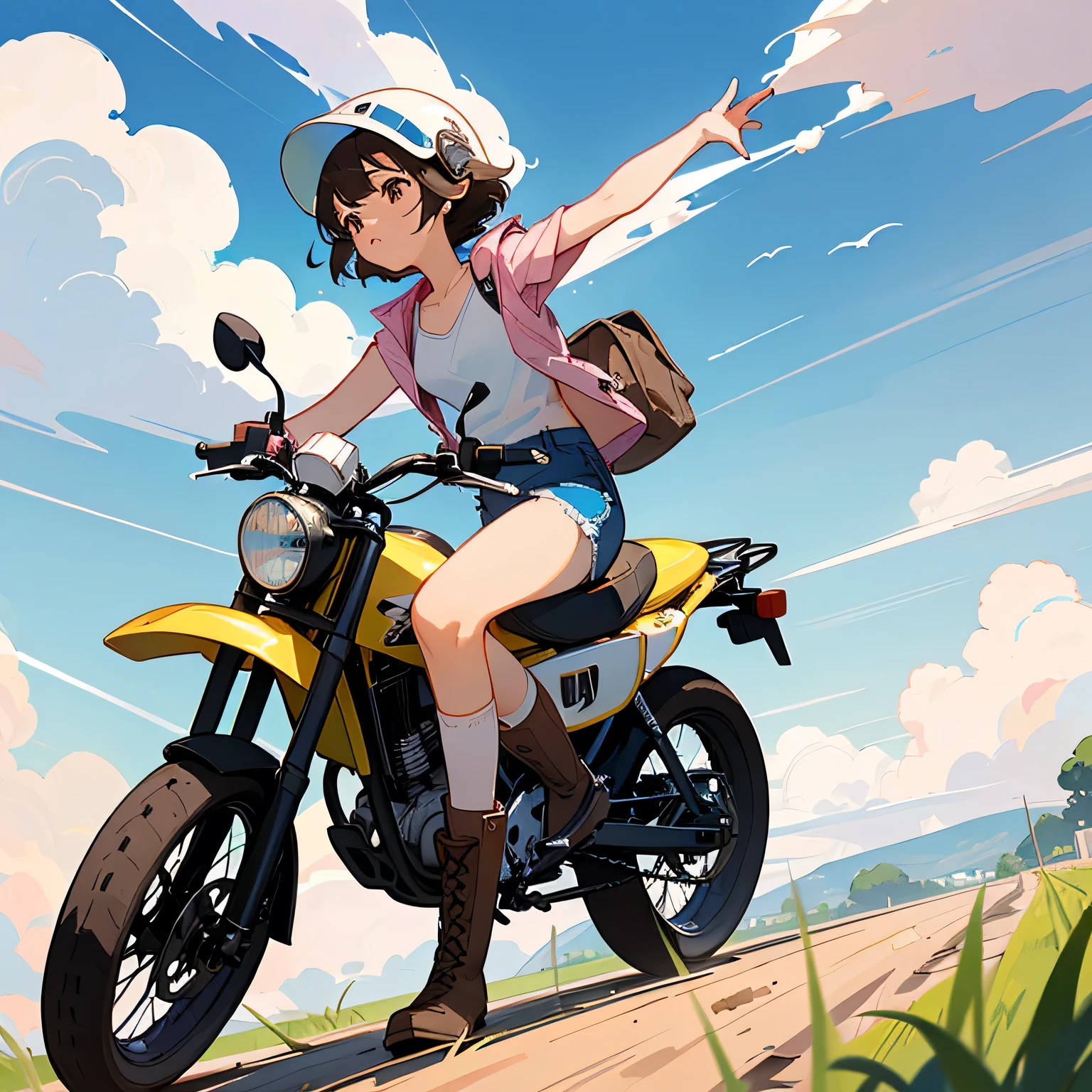 Highest quality、A girl is riding a white Super Cub、Dark brown short cut、(He is wearing a jet helmet with white and black lines running down the center of the helmet from front to back.、White tank top、Pink jacket、Denim shorts、White knee-high socks、Brown work boots:1.3)、Japanese countryside scenery、Road beside the stream、Small creek、Dirt Road、Weeds grow along the side of the road、Blue sky、White clouds floating、Early summer sky、