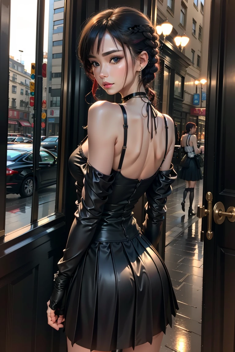 top-quality、超A high resolution、(Photorealsitic:1.4)、Yorbrier、cute little、Cityscape、profetional lighting、photon maping、Radio City、physically-based renderingt、1girl in、Back lighting、bare shoulders​、Black Dress、Black Gloves、Black Long Hair、large full breasts、cowboy  shot、Leather Dresses、耳环、A smile、Fingerless gloves、floting hair、with floral pattern、florals、gloves、Gold Earrings、Gold Hair Band、flower in hair、hair adornments、shairband、 ngel、Store weapons、jewely、large full breasts、light particules、length hair、looking at the viewers、Off shoulder dress、off shoulders、flower petals、red eyes、roses、Rose petals、Rose print、long locks、side locks、独奏、spikes、thighs thighs thighs thighs、two-sided dress、two-sided fabric、arma、((​masterpiece))、massive hips、Cute girl at 18 years old、