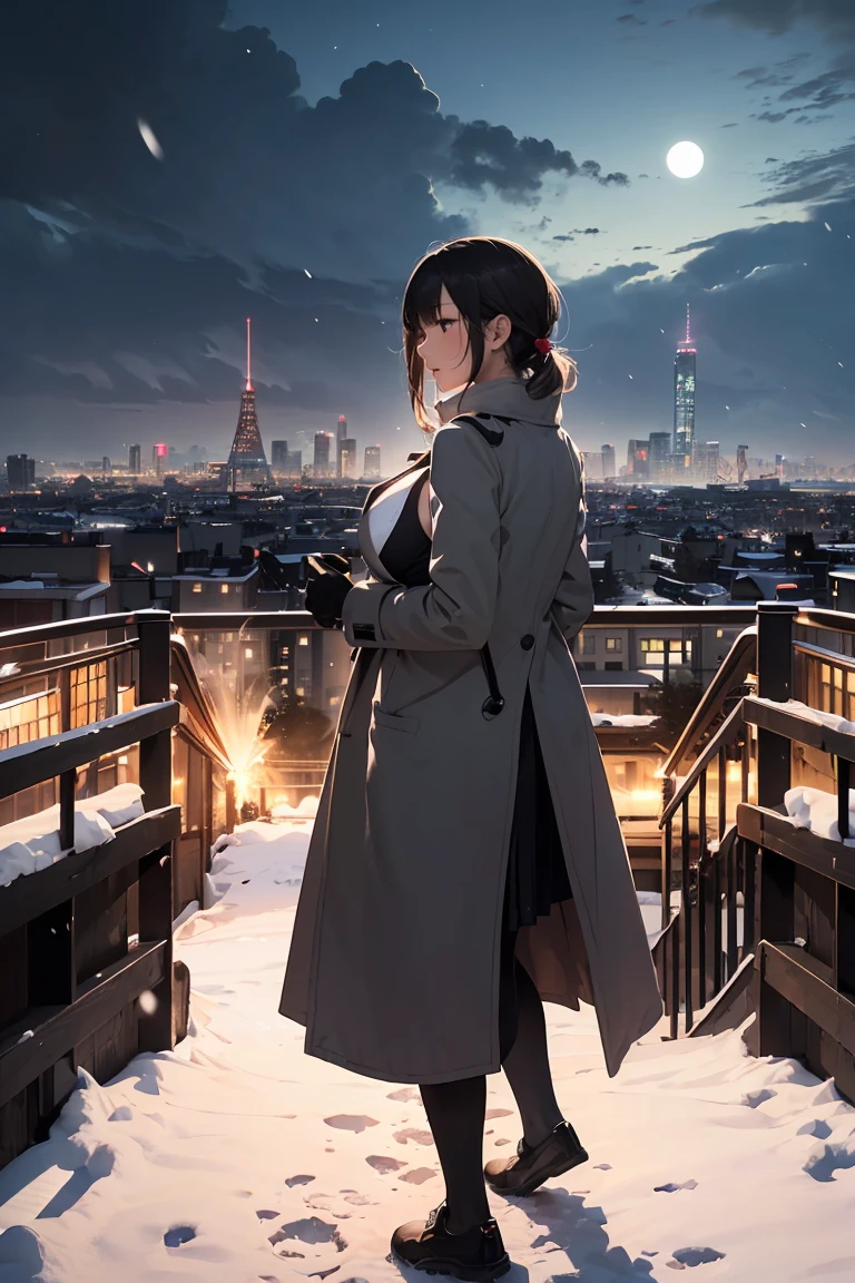 ((masterpiece)), ((top-quality)), (hight resolution), (extremely detailed CG unified 8k wallpaper),Movie Light Effects,(Near and far law),Ray Tracing, Beautiful lighting,(beautiful night scene:1.4),(projected inset),Midnight,midwinter,(cloudy ash sky),((In the midst of falling snow)),(from behind),((Snowflake),snow blowing,((Wear a long coat)),(Stand on detailed footbridge stairs),(Loud shouting gesture),((Put your hands on your chest)),Black pantyhose,f/2.8,35mm,((Detailed distant cityscape)),Residential area,condominium,apartament,looking at the city,serene ambiance.Pixie Cut,Hair in the ears,Profile of the character,1 cute high school girl,(large full breasts:1.2),Cute Uniform,Grey long skirt slit,sleeveless,Photorealsitic,Background Focus,Panoramic shooting,muffler,gloves