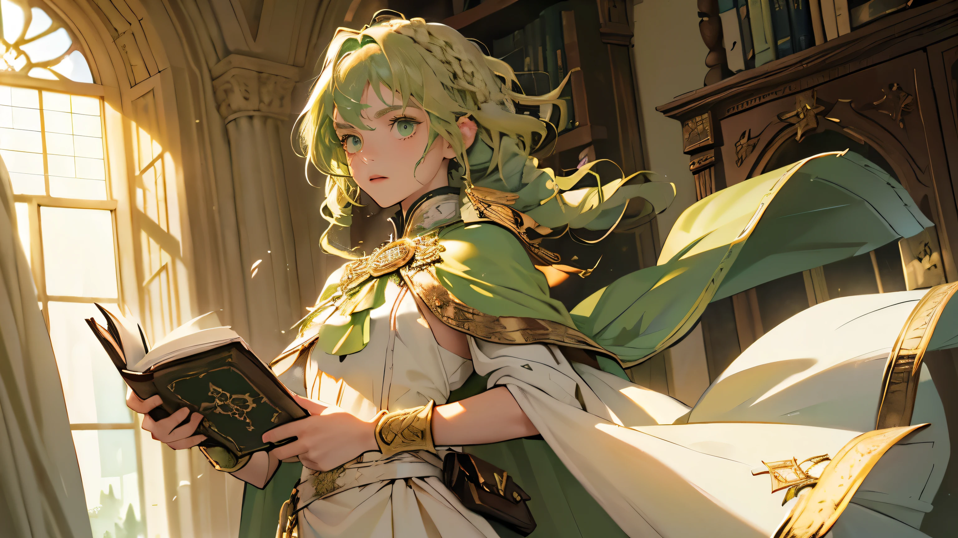 masterpiece, ultra detailed, 8k portrait, RAW photo, portrait photography, highly detailed face, beautiful and meticulous eyes, ((Fantasy)), Young beautiful, 15 years old, (((drooping eyes))), dynamic pose, (((short wavy light green hair))), ((braided twin tail)), parted bangs, White skin color, Luxury, (((white tunic and skirt))), (((green cape))), (((golden brooch))), (((little waist hip pouch))), high cut leather boots, ((holding magic book)), Midday Sun, hyper realistic, slender body, flat chest, Long legs, in the medieval magic classroom, Ambient lighting, Shadow details , Camera focus on face, strong breeze, Light fog