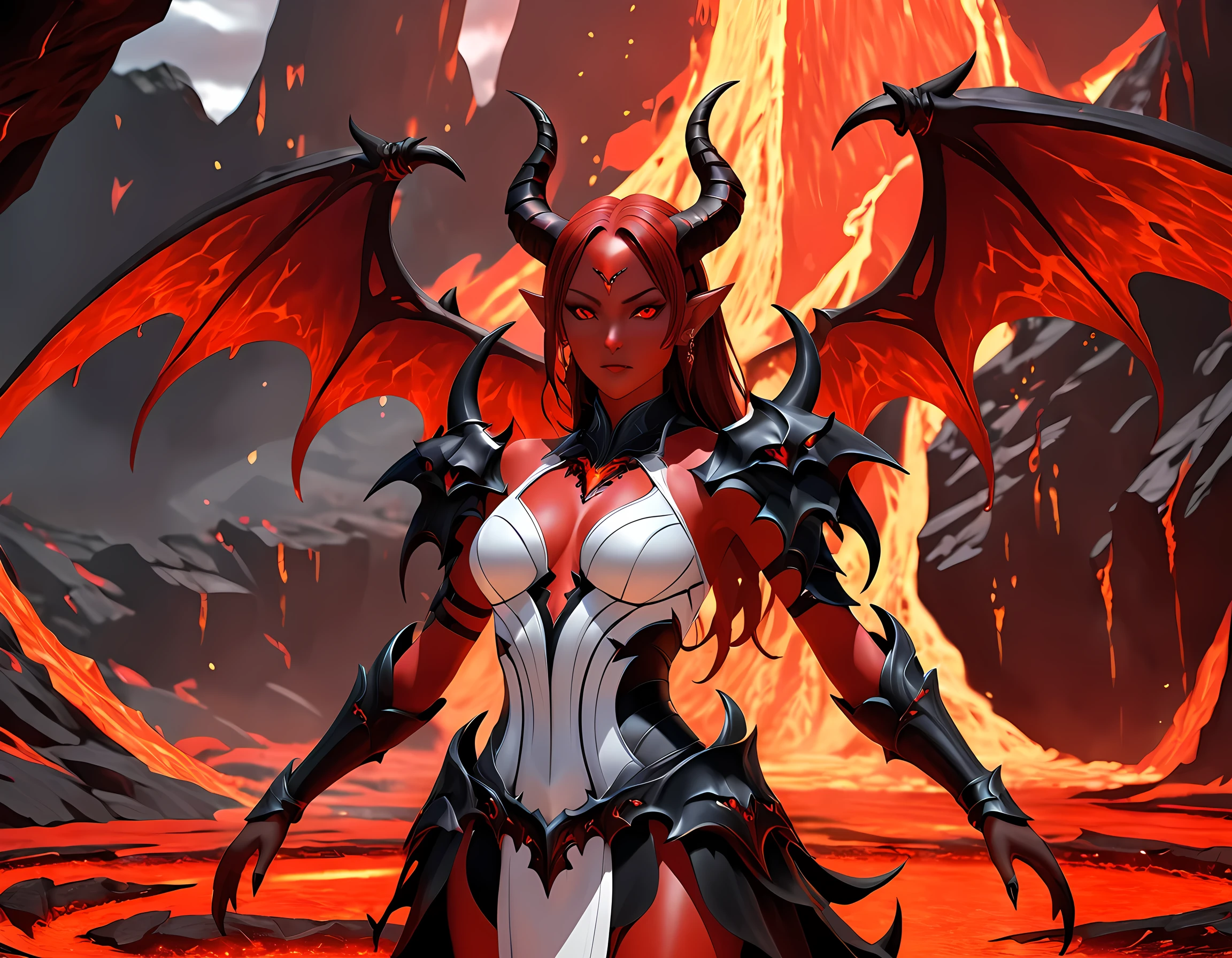 fantasy art, RPG art, masterpiece, a portrait picture o hellish female demon from hell, she has (black horns: 1.2), (black: 1.2) demon wings, (red: 1.3) skin, red lava dripping from her, she wears (white: 1.3) armor, hdsrmr, streams of rolling lava, hell in the background, 3d rendering, shadow wings