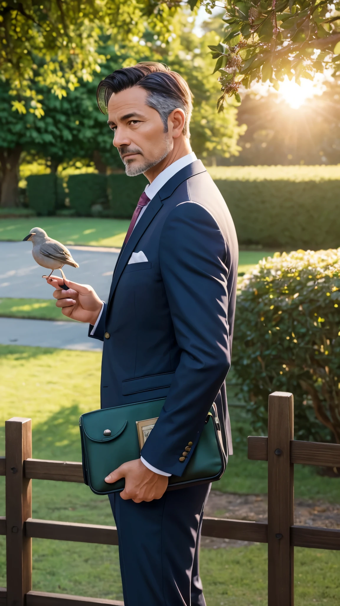 Masterpiece, Top Quality, Super Detail, 1 Man in his 40s, Male Focus, Handsome, Residential Area, Fence, Spindle Tree, Afternoon Sun, After School, Suit, Hand-held Bag, Flock of Birds, Right From the Side, Depth of Field