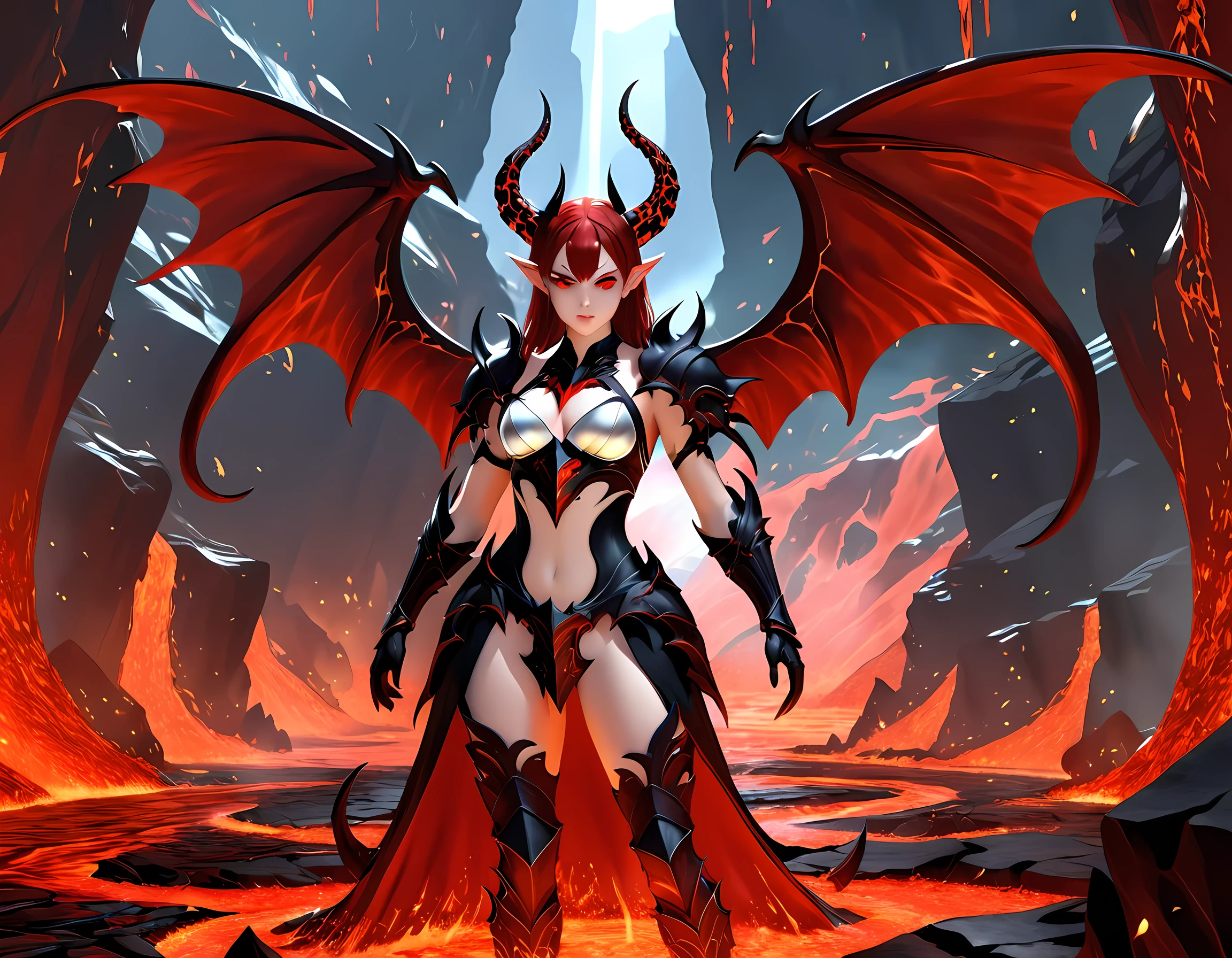 fantasy art, RPG art, masterpiece, a portrait picture o hellish female demon from hell, she has (black horns: 1.2), (black: 1.2) demon wings, (red: 1.3) skin, red lava dripping from her, she wears (white: 1.3) armor, hdsrmr, streams of rolling lava, hell in the background, 3d rendering, shadow wings