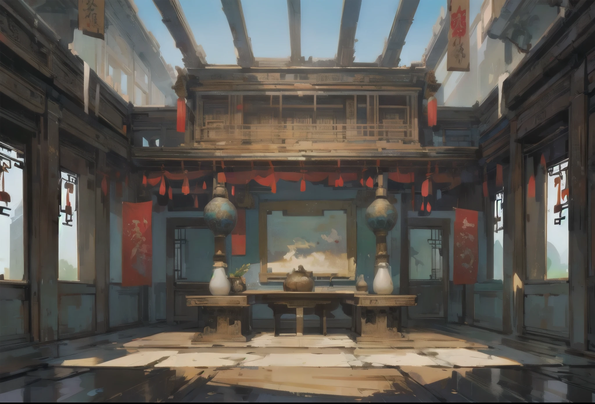inside Old ancient chinese mansion, ancient traditional mansion, mansion, bight colors, stunning mansion, detailed chinese mansion, indoors, blue sky, daytime, scene, scenery, background, rich ancient chinese mansion indoors, luxury