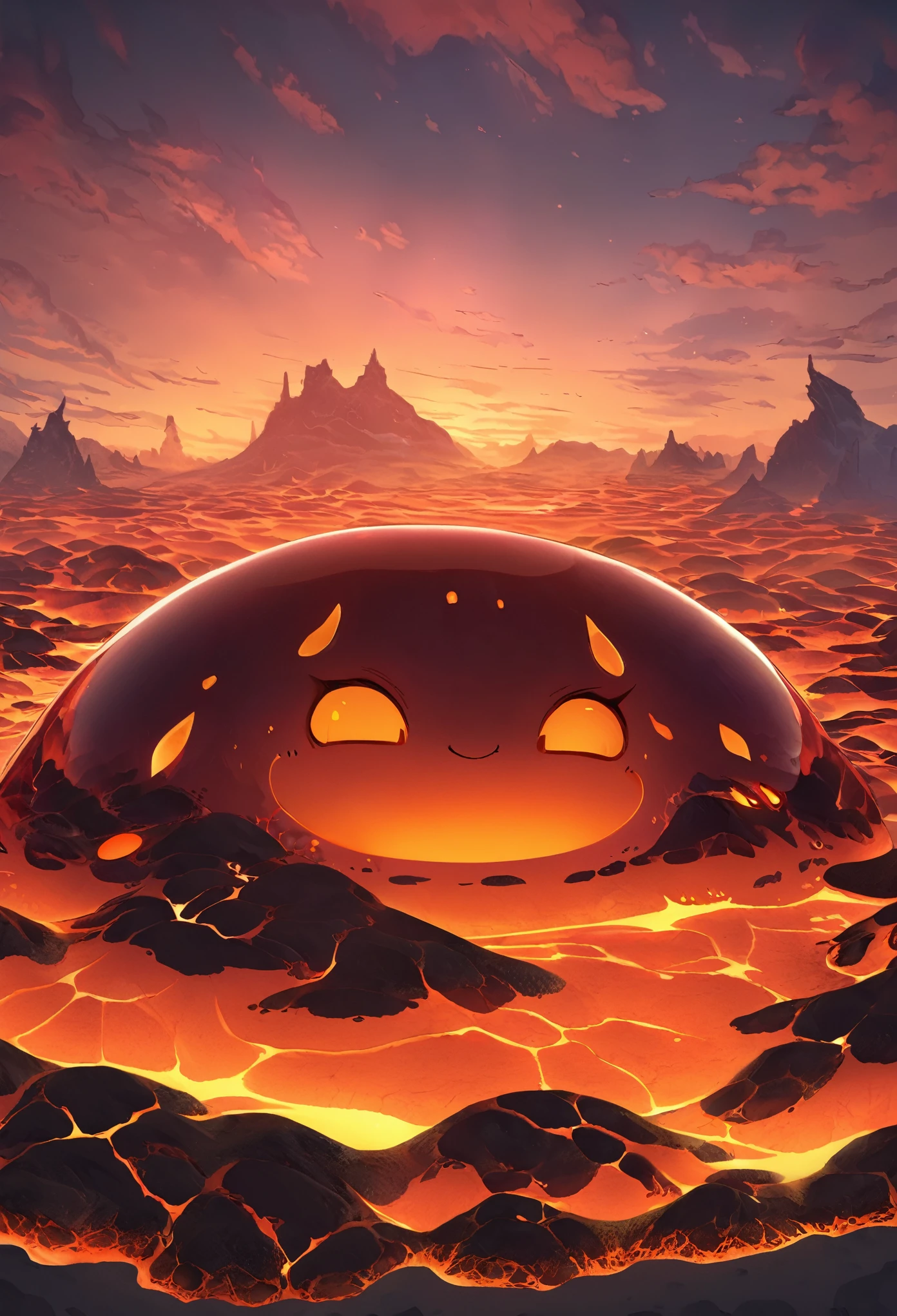 best quality, super fine, 16k, incredibly absurdres, extremely detailed, cute round slime demon made of transparent, translucent, and boiling lava, background grassland
