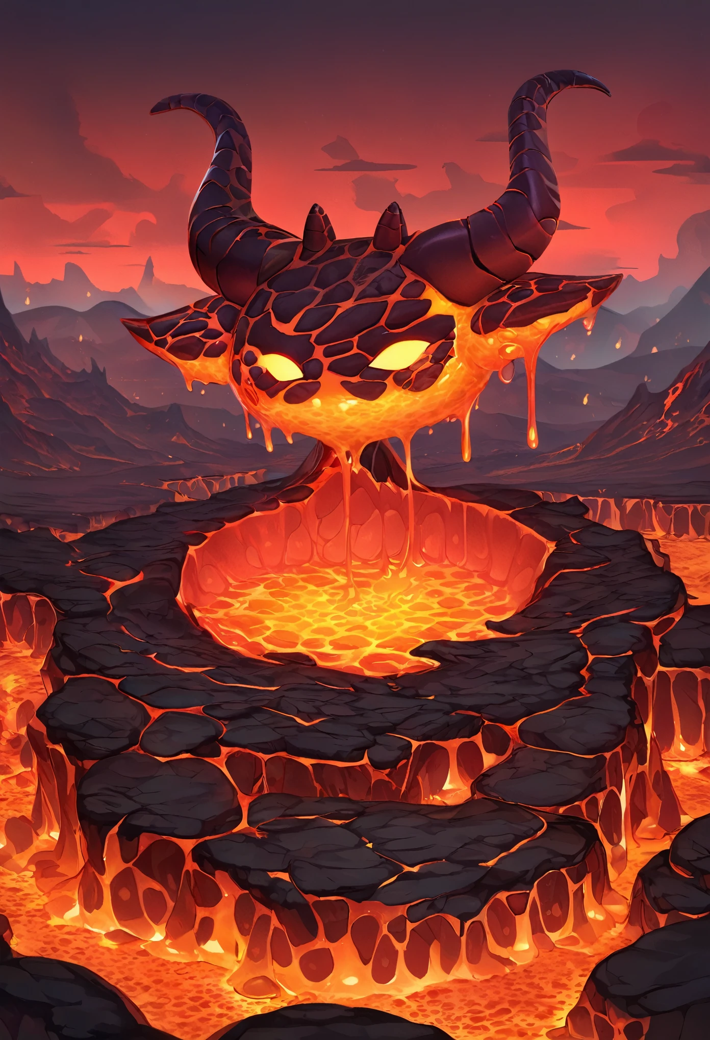 best quality, super fine, 16k, incredibly absurdres, extremely detailed, cute round slime demon with horns made of translucent boiling lava, background grassland