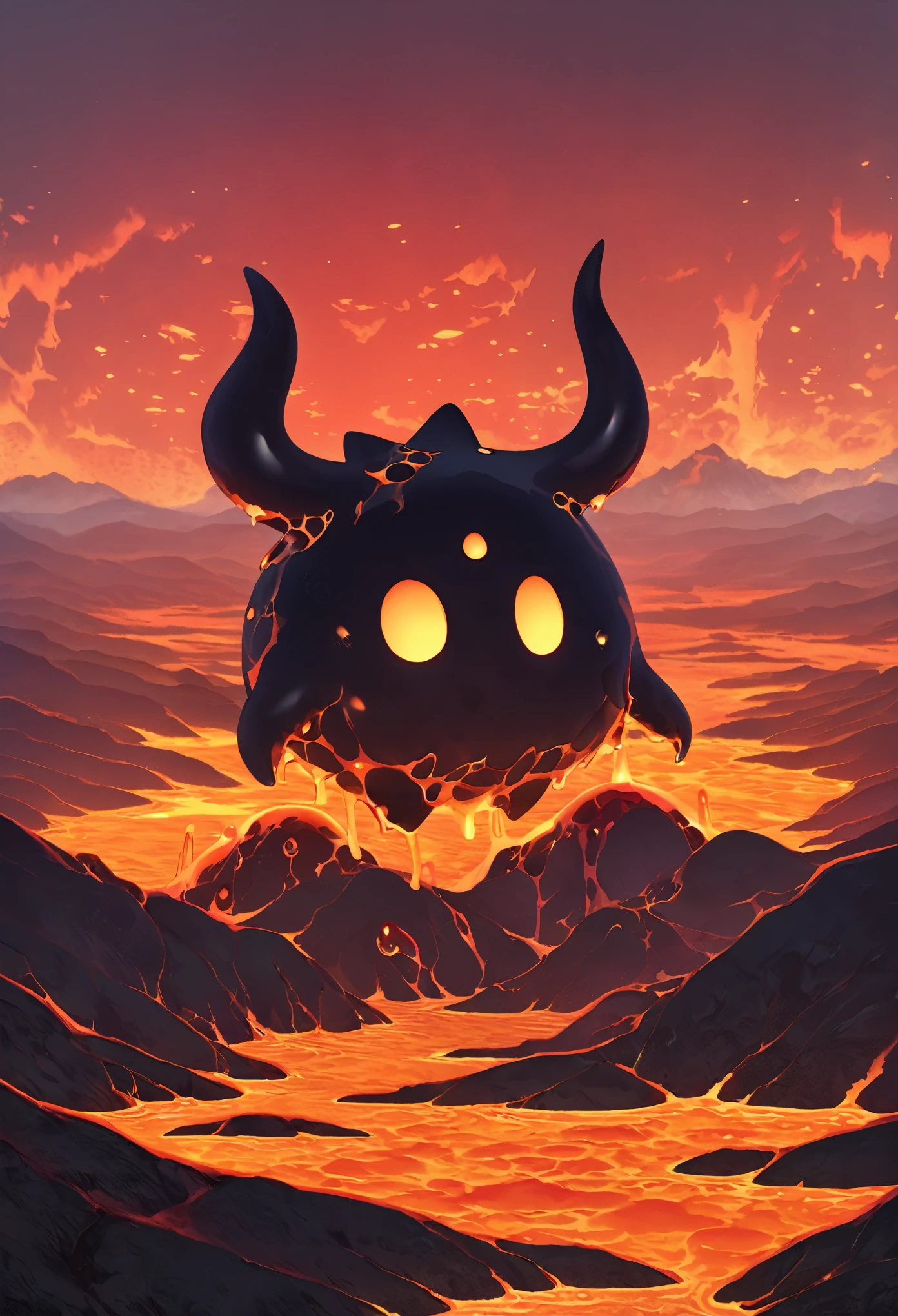 best quality, super fine, 16k, incredibly absurdres, extremely detailed, cute round slime demon with small horns made of translucent boiling lava, background grassland