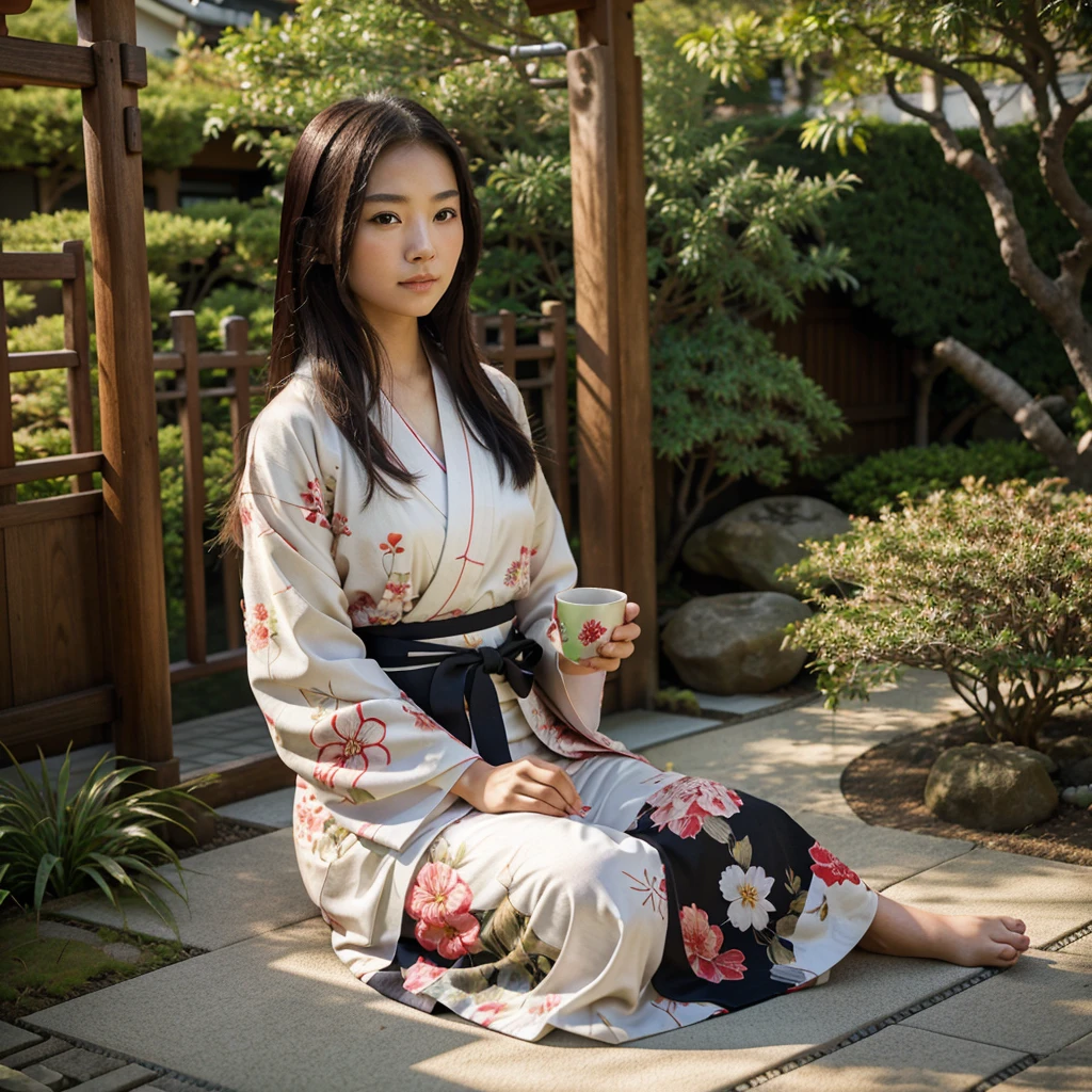 japanese girl wearing traditional kimono holding a cup of tea sitting down facing a zen garden, her eyes are light red and her hair has floral ornaments, her kimono is also floral with accents of black and golf, best quality, accurate, realisti, perfect body, beautiful face