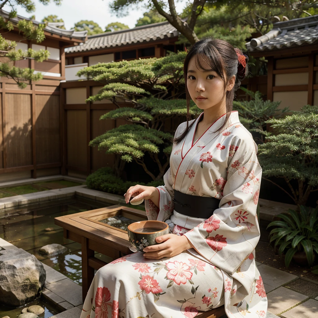 japanese girl wearing traditional kimono holding a cup of tea sitting down facing a zen garden, her eyes are light red and her hair has floral ornaments, her kimono is also floral with accents of black and golf, best quality, accurate, realisti, perfect body, beautiful face
