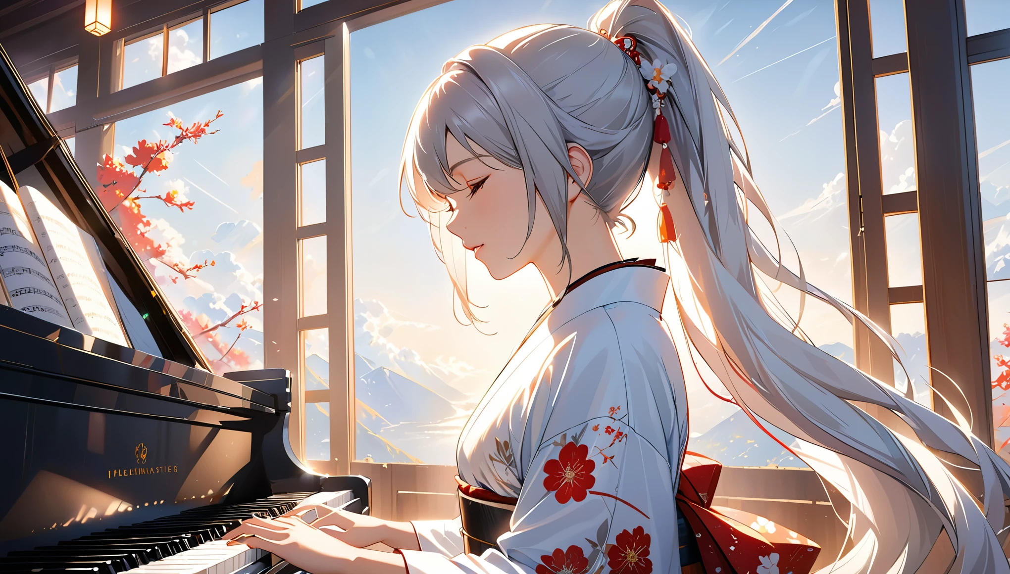 masterpiece, alone, Beautiful woman, Silver Hair, Close your eyes,profile,Long Ponytail, Japanese Kimono,, piano, window, Light, Ray Tracing, elegant
