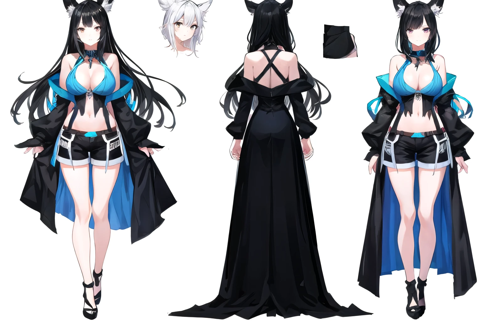 Character Sheet,[Sprite Sheet,Long black hair, naked, shorts,Adult women,tall, Large breasts, (masterpiece)Ultra-detailed, (White Background),Multiple Views